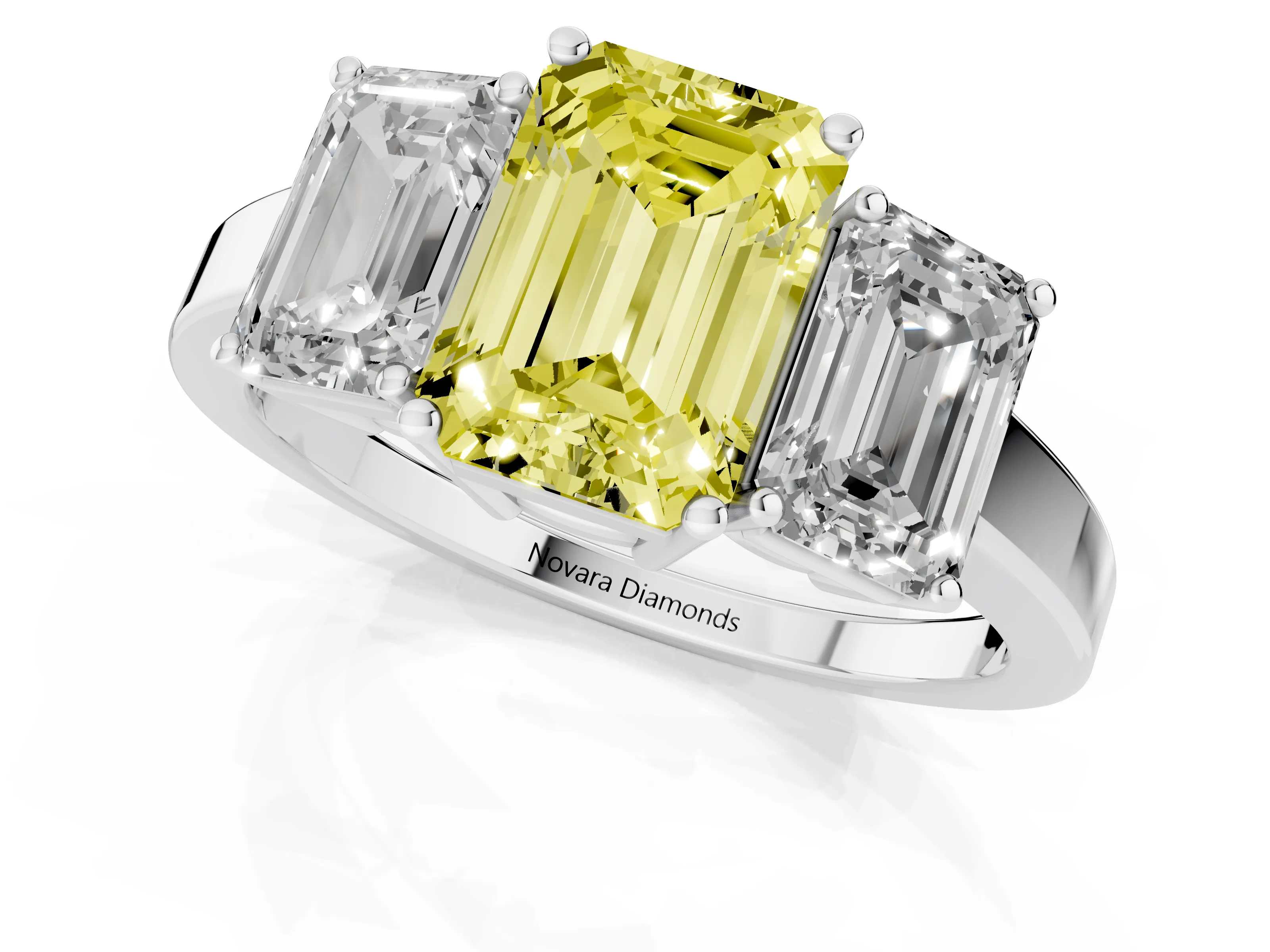 Fancy Yellow Emerald Cut Diamond Three-Stone Engagement Ring Set in Silver with Flat Band