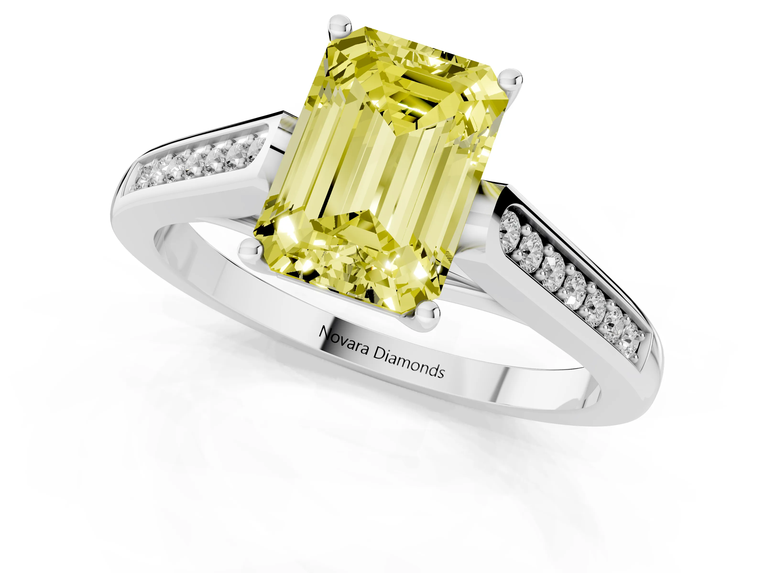 Fancy Yellow Emerald Cut Diamond Solitaire Cathedral Engagement Ring Set in Silver with Channel-Set Band and Prong Setting