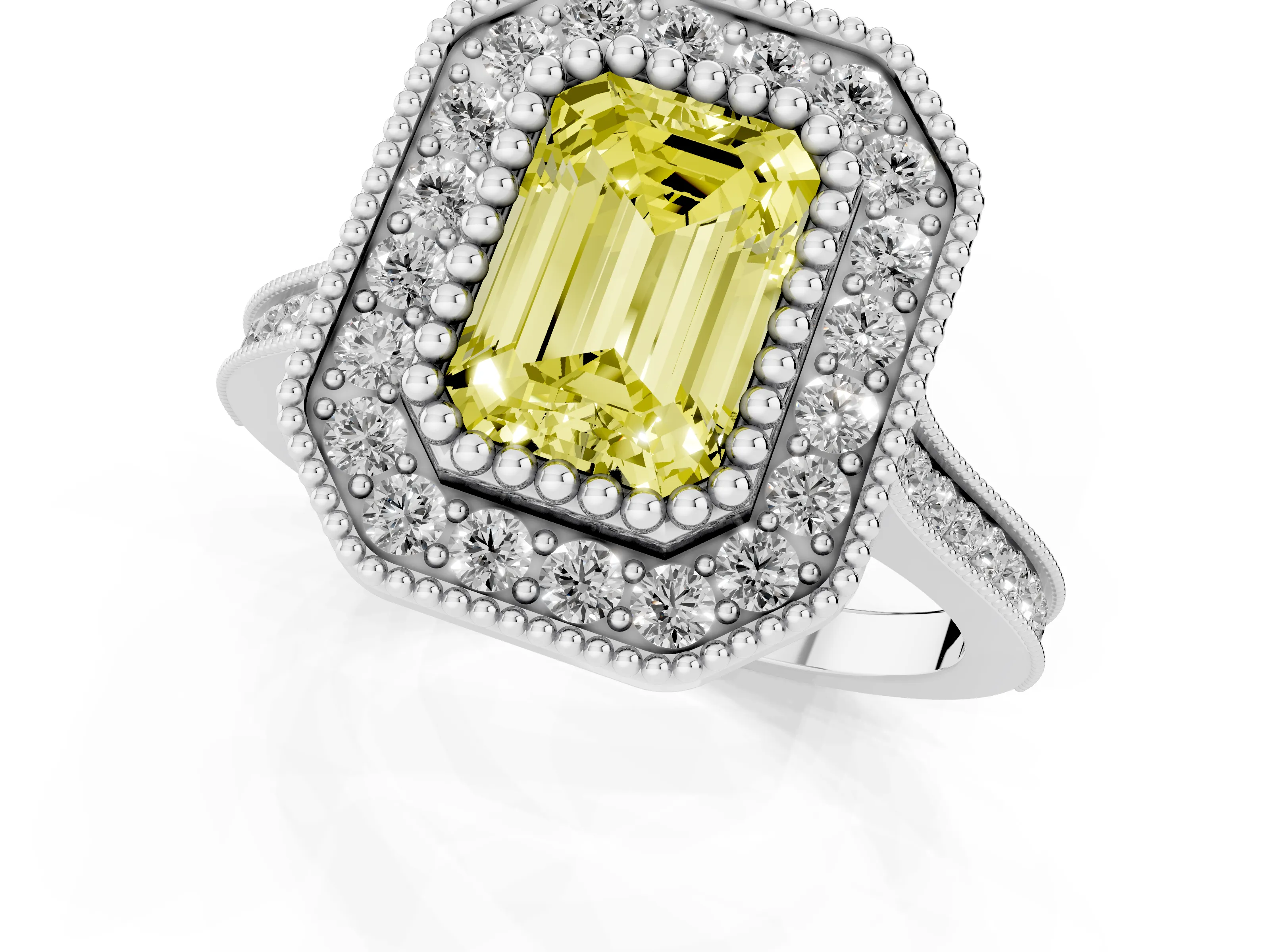 Fancy Yellow Emerald Cut Diamond Halo Ring Set in White gold with Milgrain Frame and Pavé Band