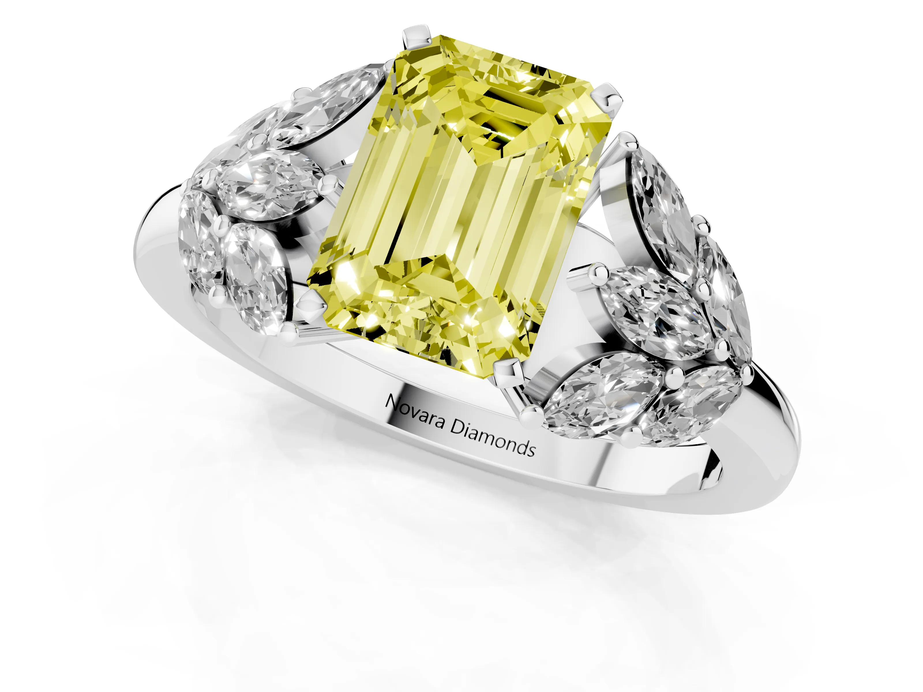 Fancy Yellow Emerald Cut Diamond Cluster Leaf Design Ring Set in Platinum with Prong Setting