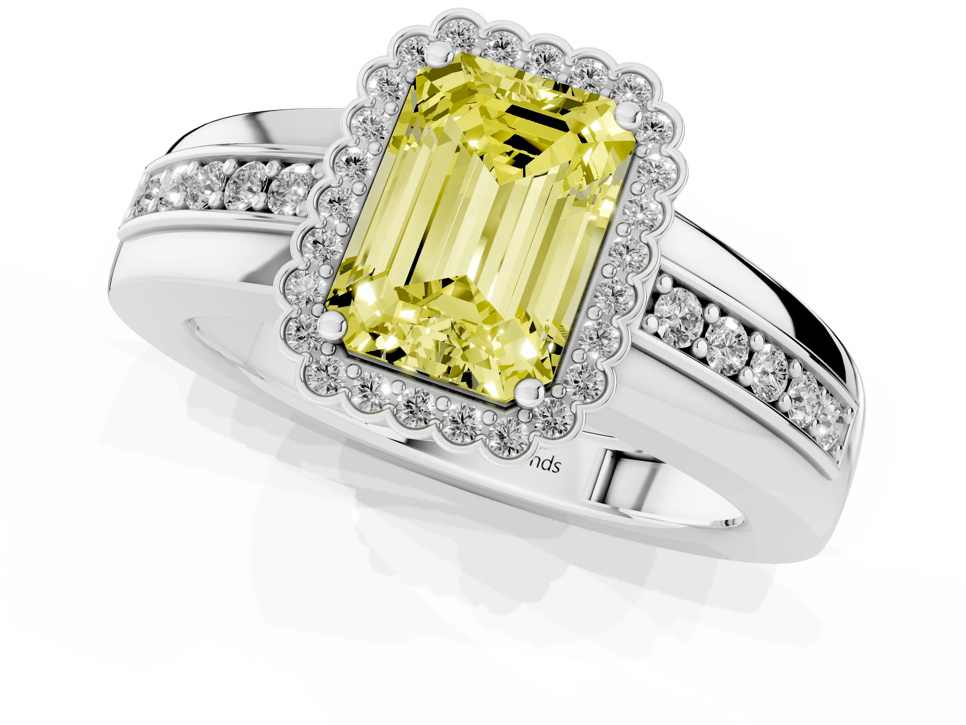 Fancy Yellow Emerald Cut Diamond Halo Prong Ring Set in Silver with Pavé Band