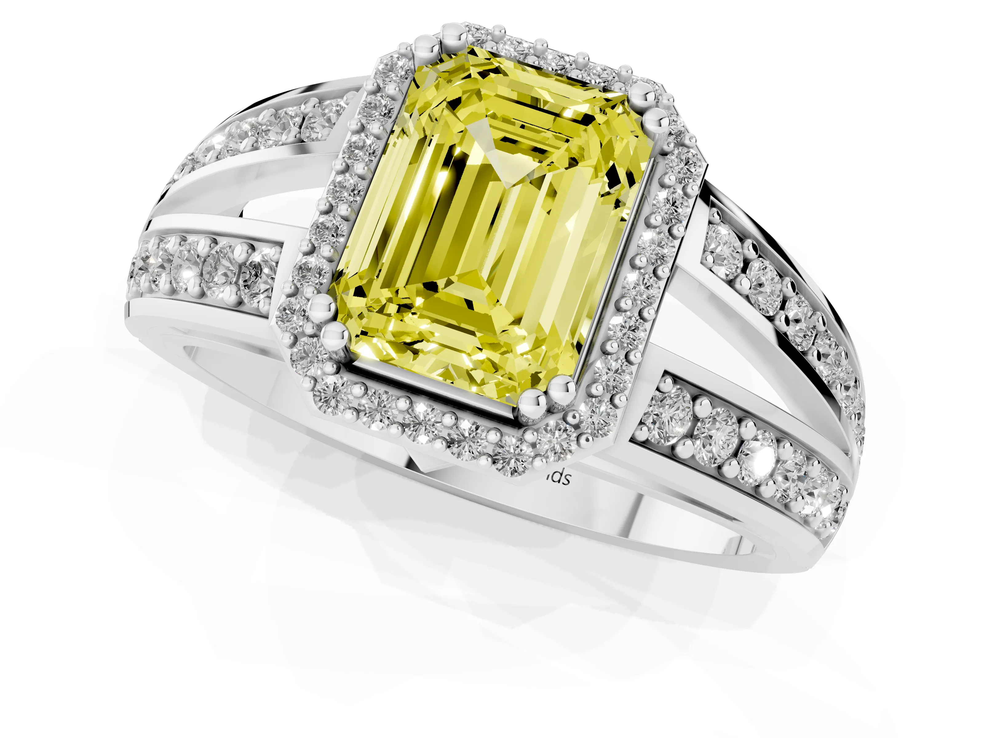 Fancy Yellow Emerald Cut Diamond Halo Ring Set in White gold with Double Pavé Split Shank