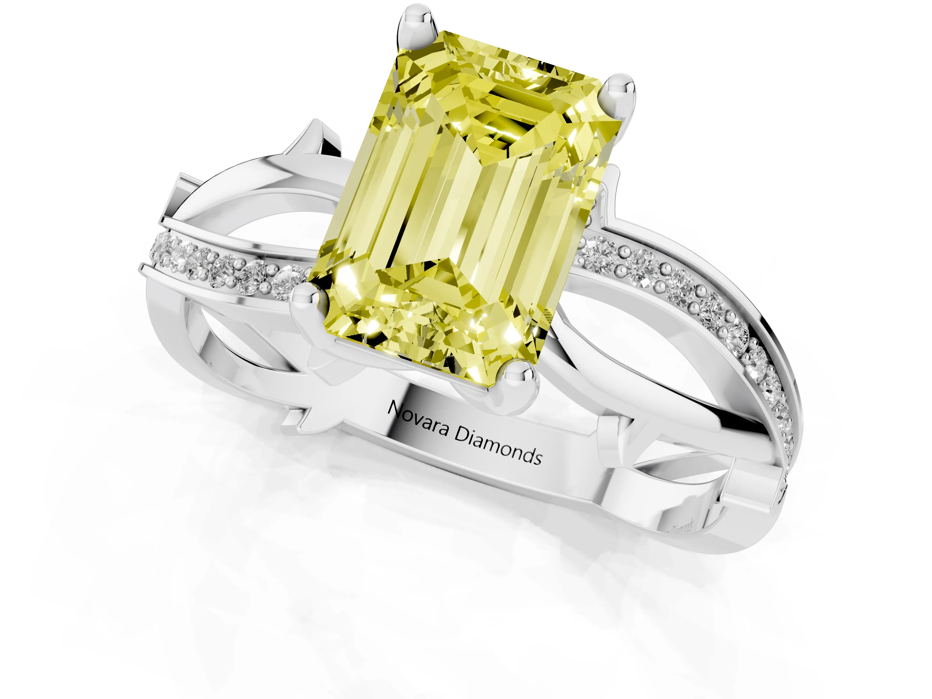 Fancy Yellow Emerald Cut Diamond Pavé Twist Band Solitaire Ring Set in Platinum with Prong Setting