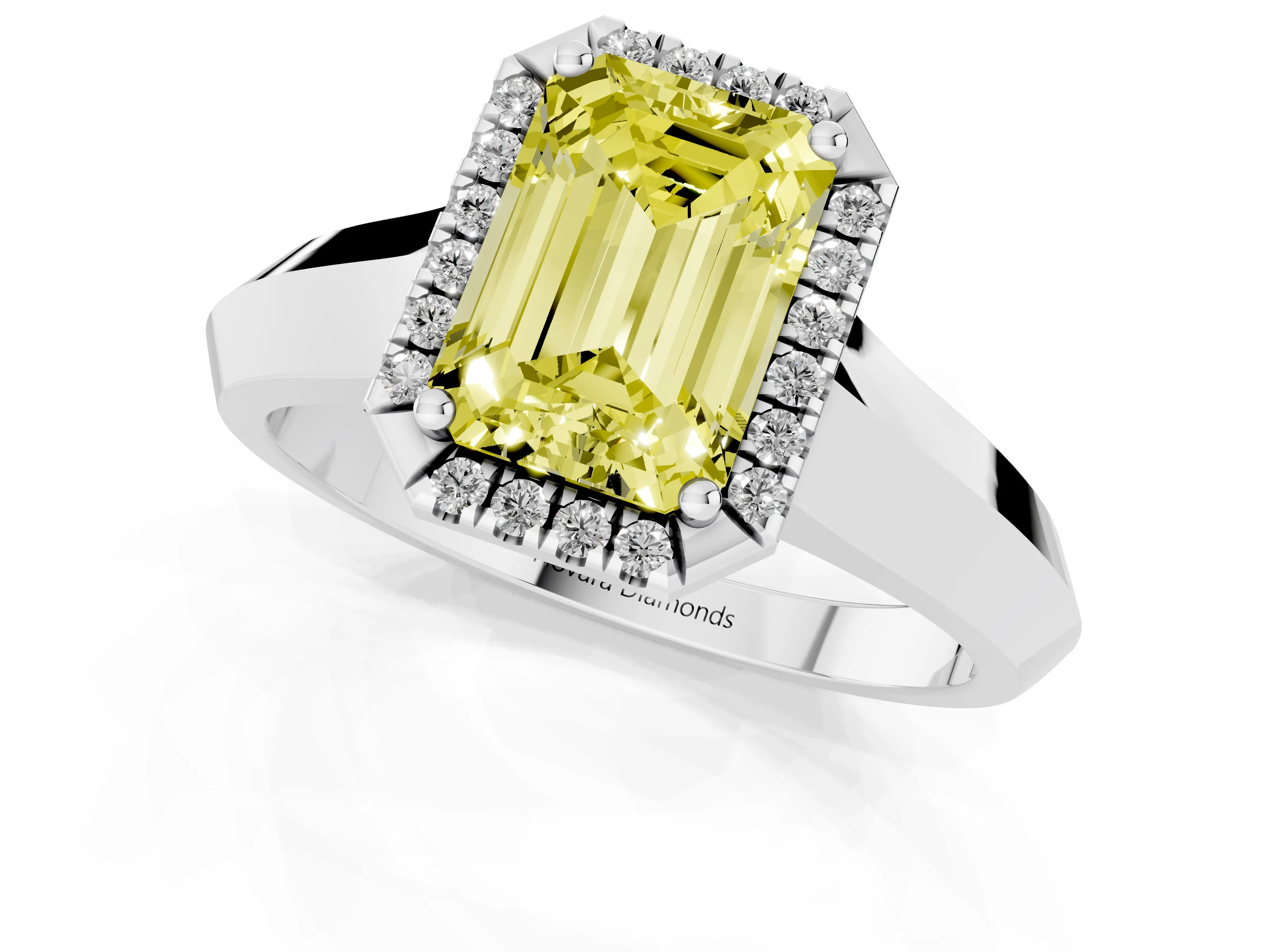 Fancy Yellow Emerald Cut Diamond Halo Ring Set in White gold with Cathedral Band and Prong Setting