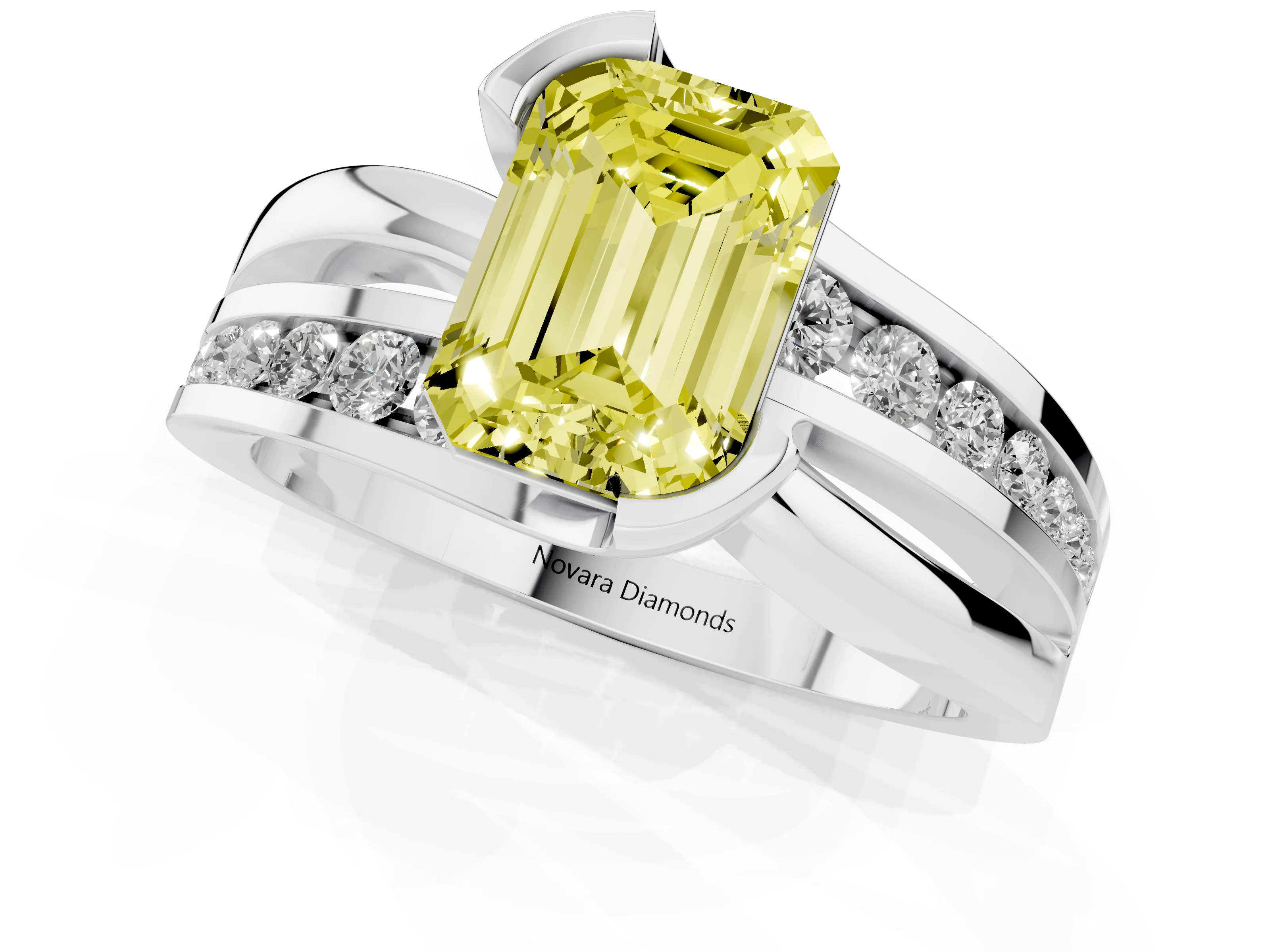 Fancy Yellow Emerald Cut Diamond Solitaire Ring Set in Silver with Channel Set Split Shank and Tension Prongs
