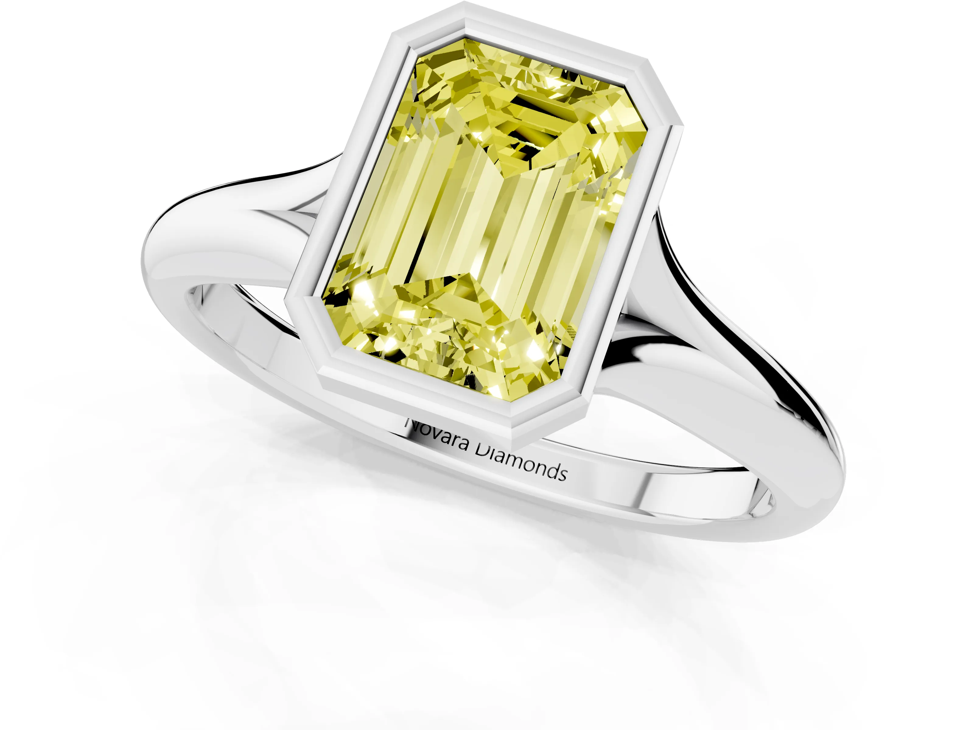 Fancy Yellow Bezel Set Emerald Cut Diamond Solitaire Ring Set in White gold with Smooth Band