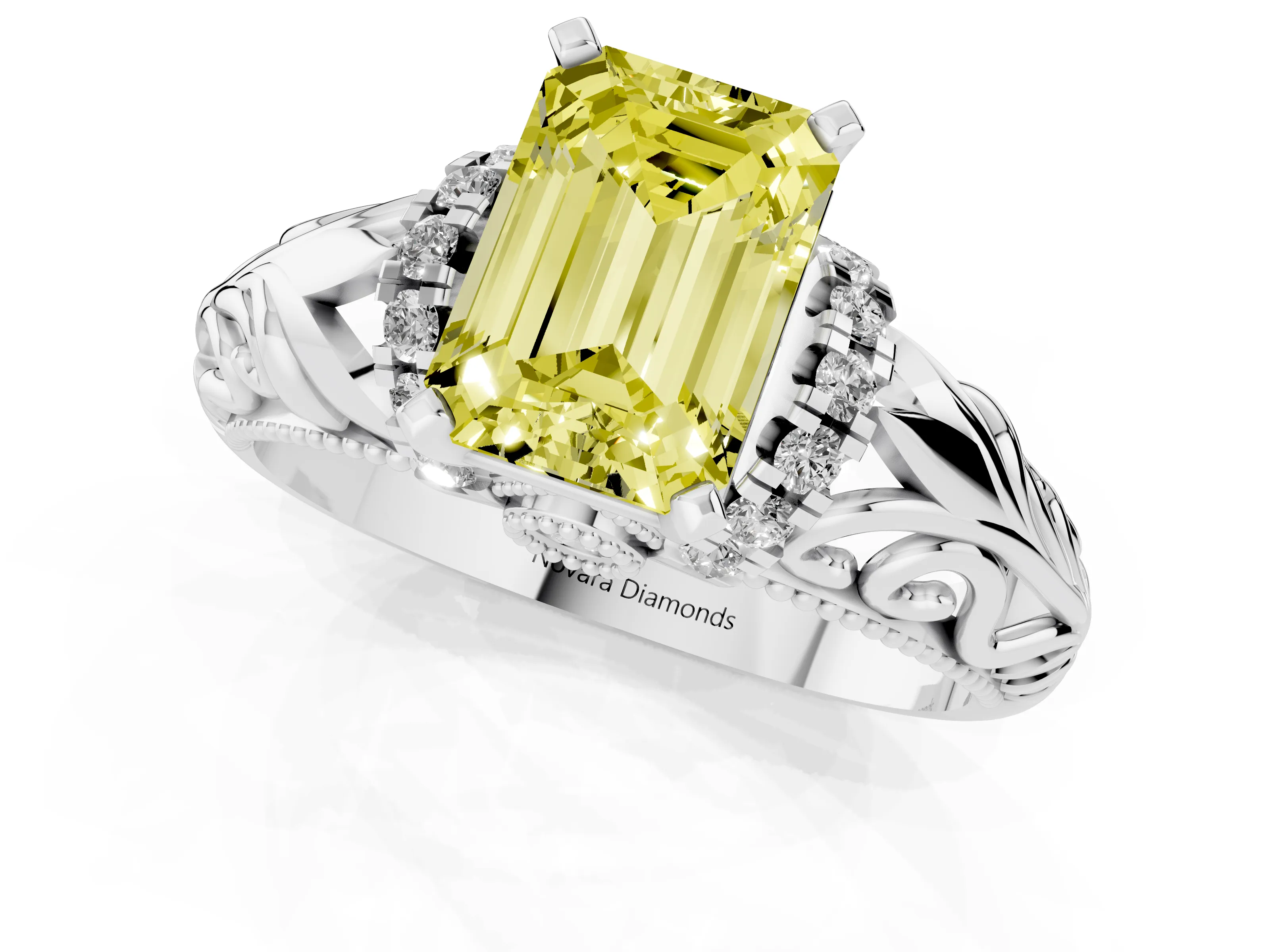 Fancy Yellow Emerald Cut Diamond Filigree Halo Engagement Ring Set in White gold with Prong Setting