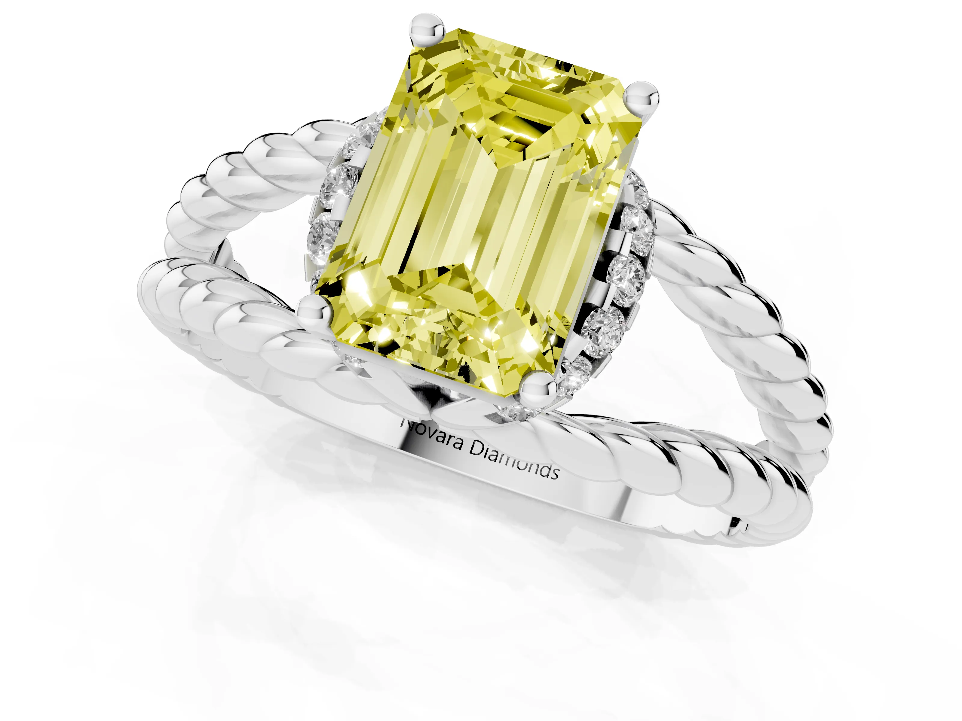 Fancy Yellow Emerald Cut Diamond Halo Ring Set in White gold with Twisted Band and Prong Setting