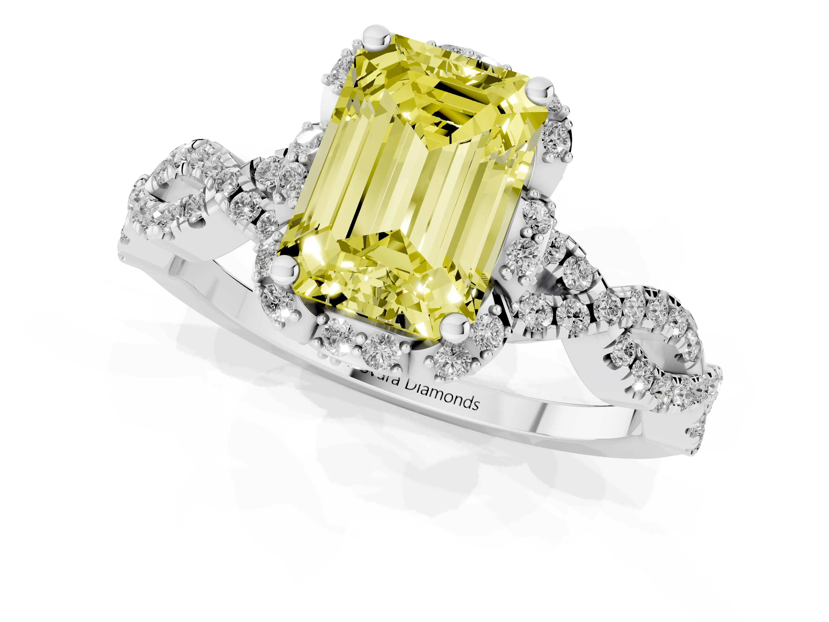Fancy Yellow Emerald Cut Diamond Halo Twist Band Solitaire Ring Set in Platinum with Prong-Set Center Stone