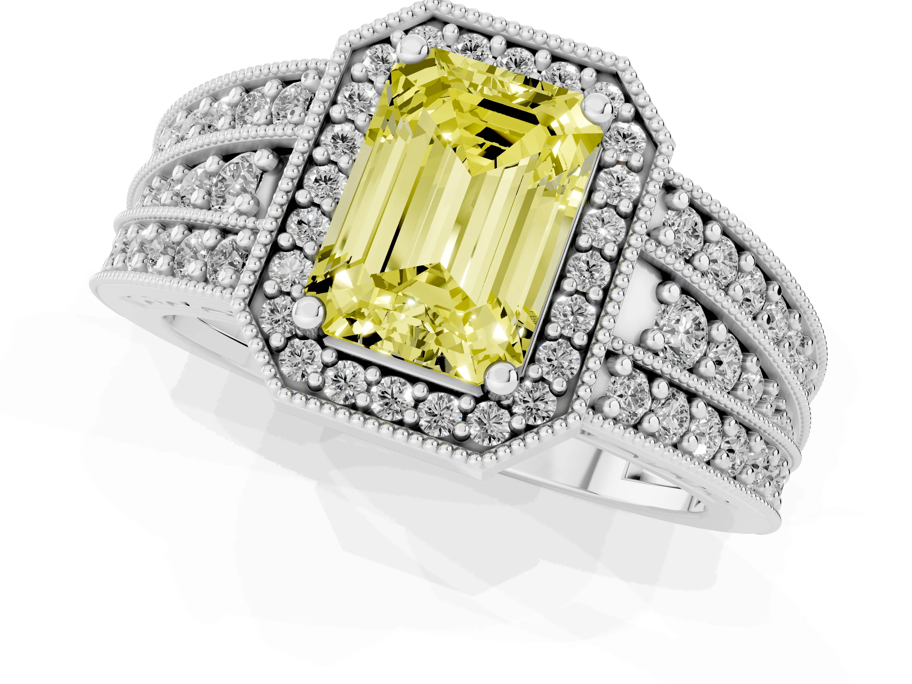Fancy Yellow Emerald Cut Diamond Halo Ring Set in Platinum with Accent Split Shank and Prong Setting