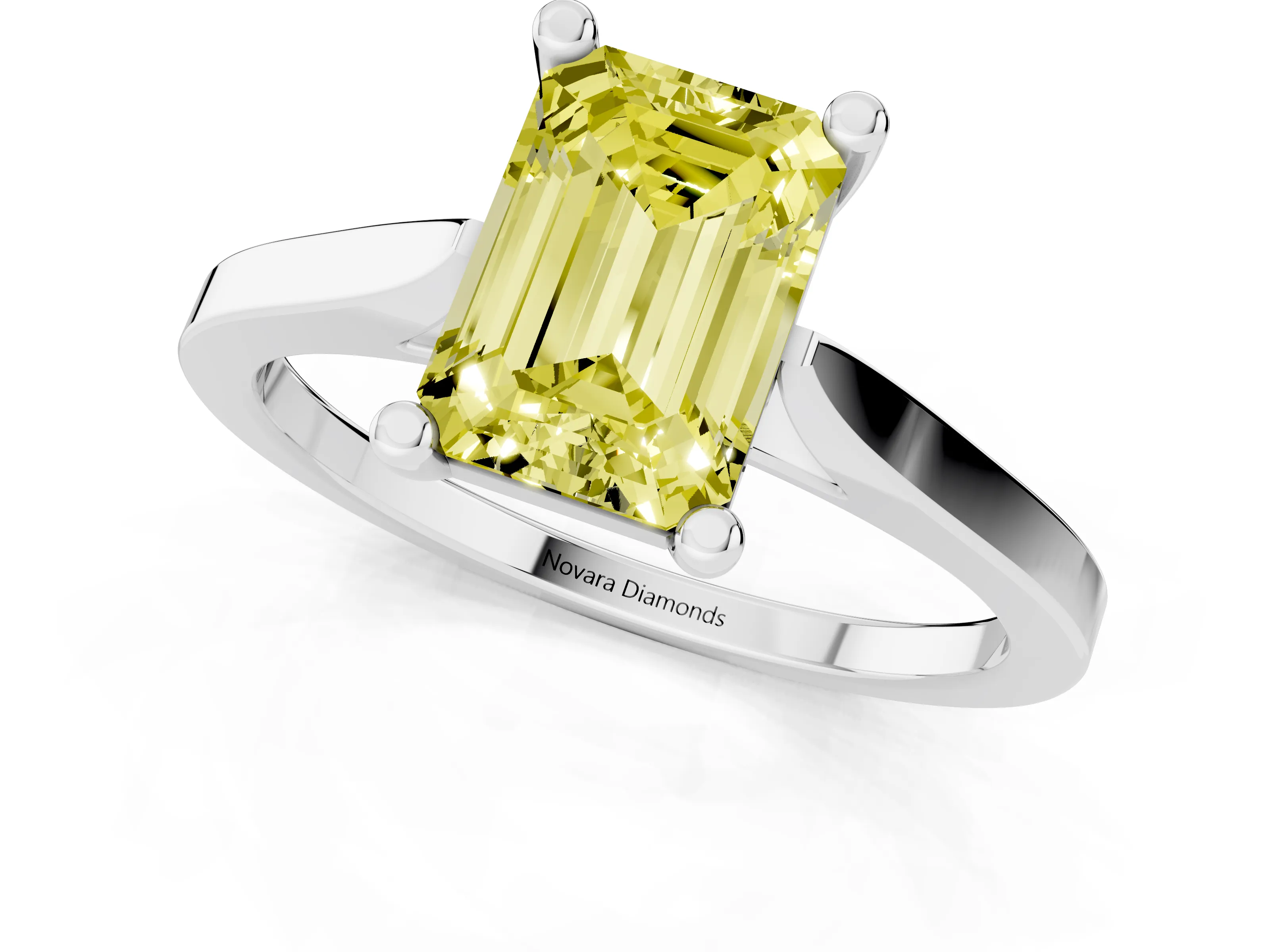 Fancy Yellow Emerald Cut Diamond Solitaire Ring Set in Silver with Prong Setting and Tapered Band