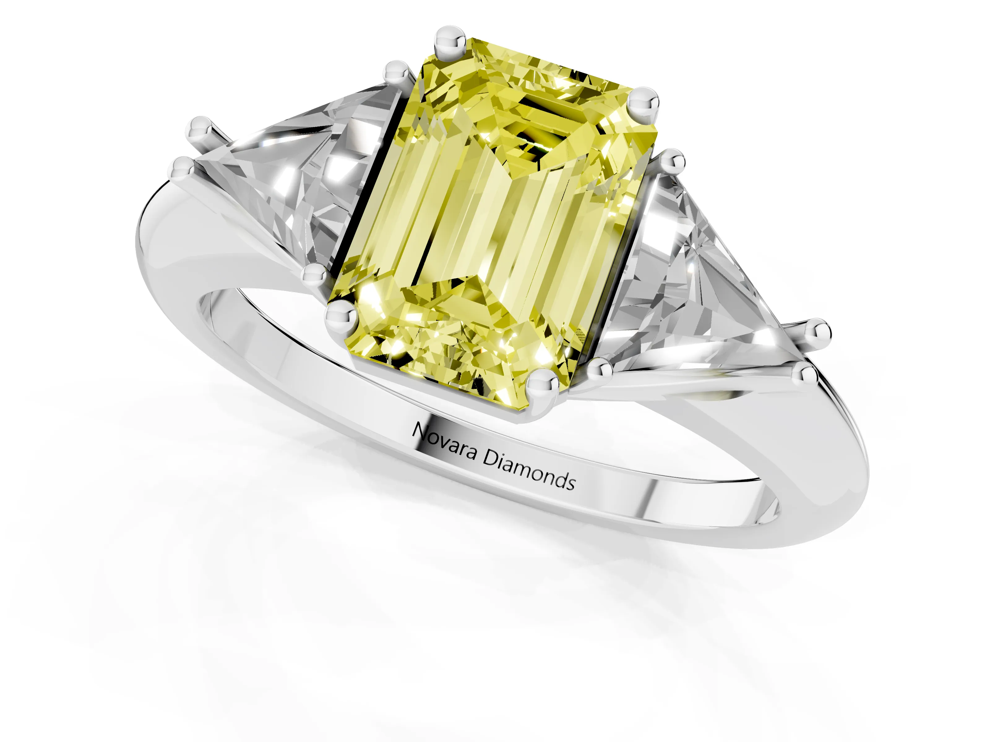 Fancy Yellow Emerald Cut Diamond Three-Stone Engagement Ring Set in Platinum with Trillion Side Stones