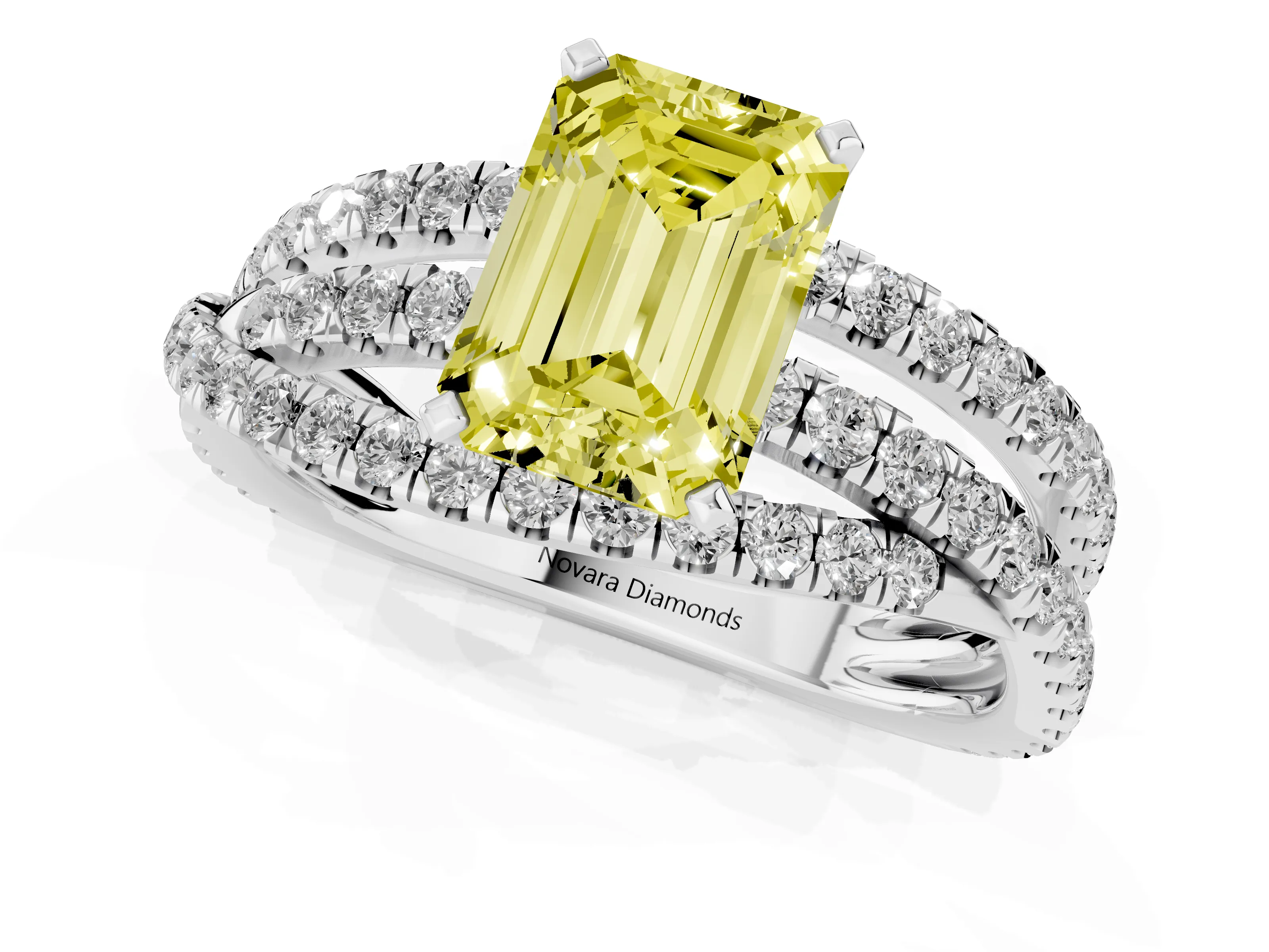 Fancy Yellow Emerald Cut Diamond Solitaire Twist Band Ring Set in Silver with Pavé Setting and Prong Head