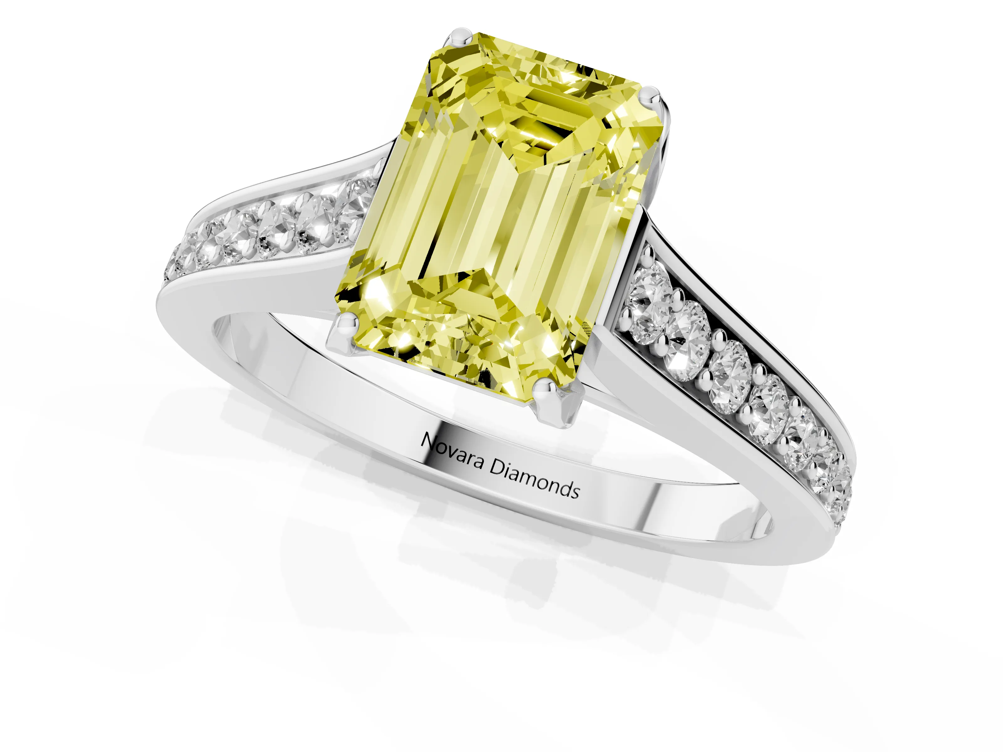 Fancy Yellow Emerald Cut Diamond Solitaire Pavé Engagement Ring Set in Silver with Prong Setting