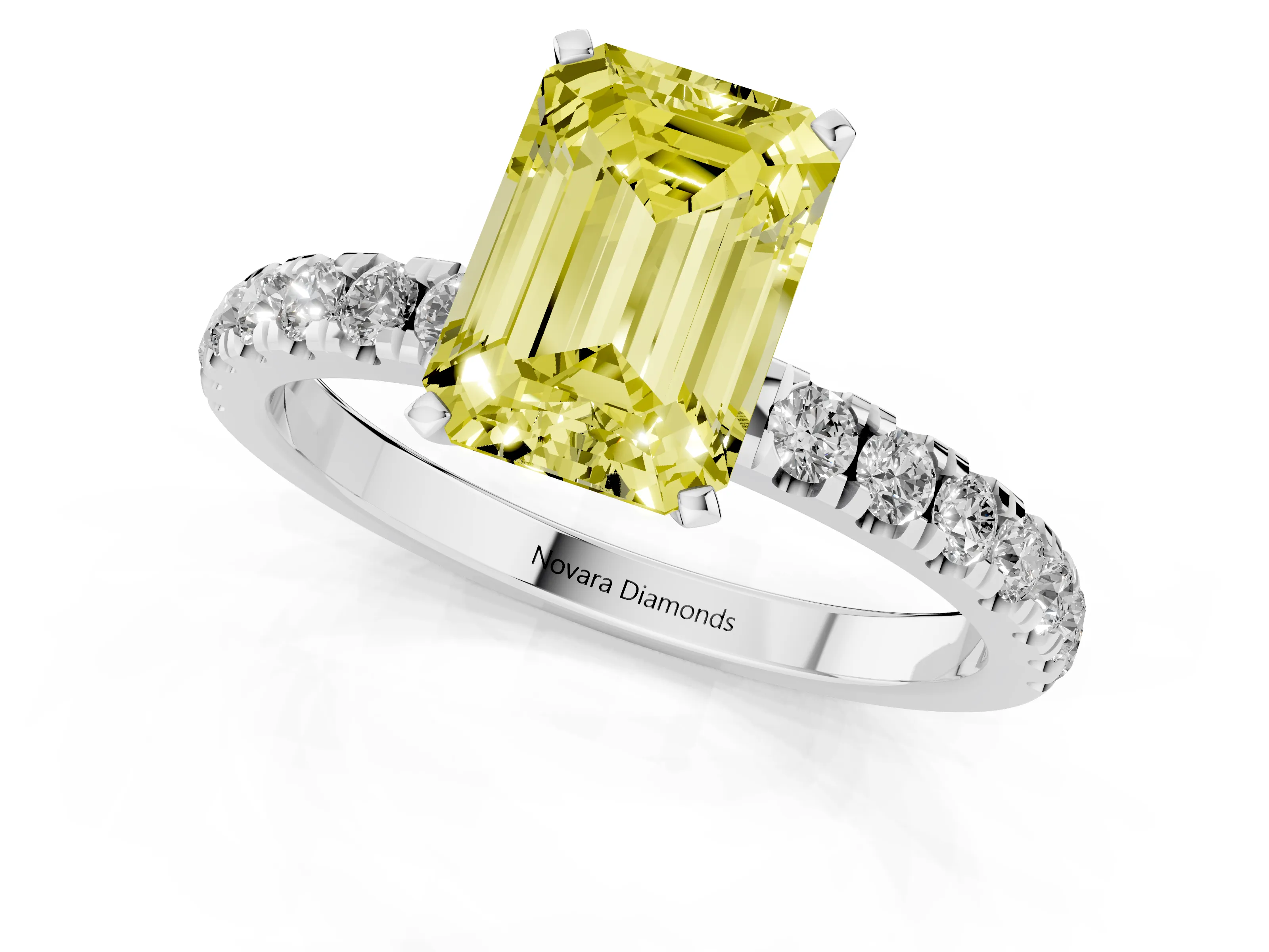 Fancy Yellow Emerald Cut Diamond Solitaire Ring Set in Silver with Pavé Accents and Prong Setting
