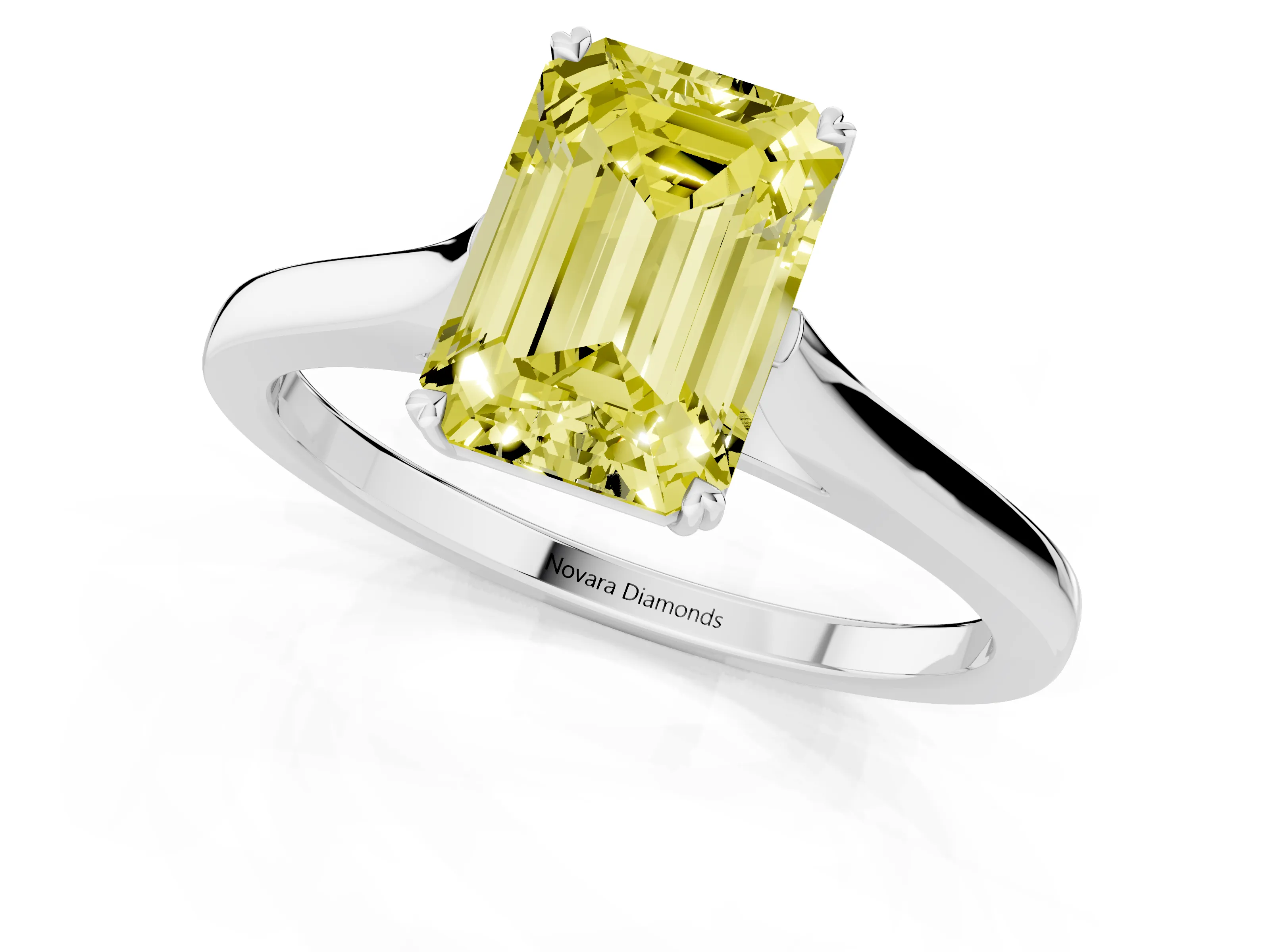 Fancy Yellow Emerald Cut Diamond Solitaire Heart Prong Engagement Ring Set in Platinum with Tapered Band