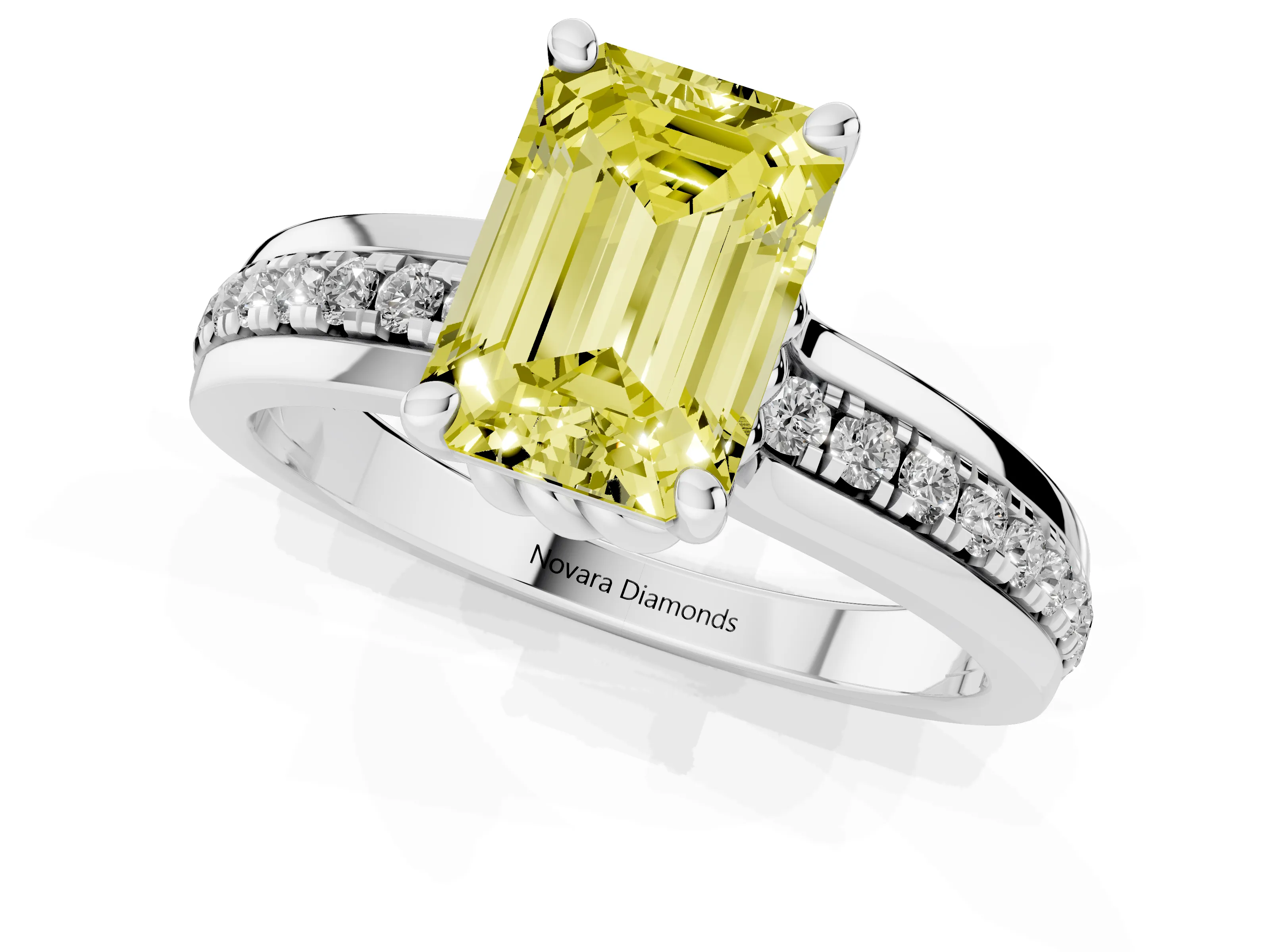 Fancy Yellow Emerald Cut Diamond Solitaire Ring Set in Silver with Channel Set Band and Prong Setting