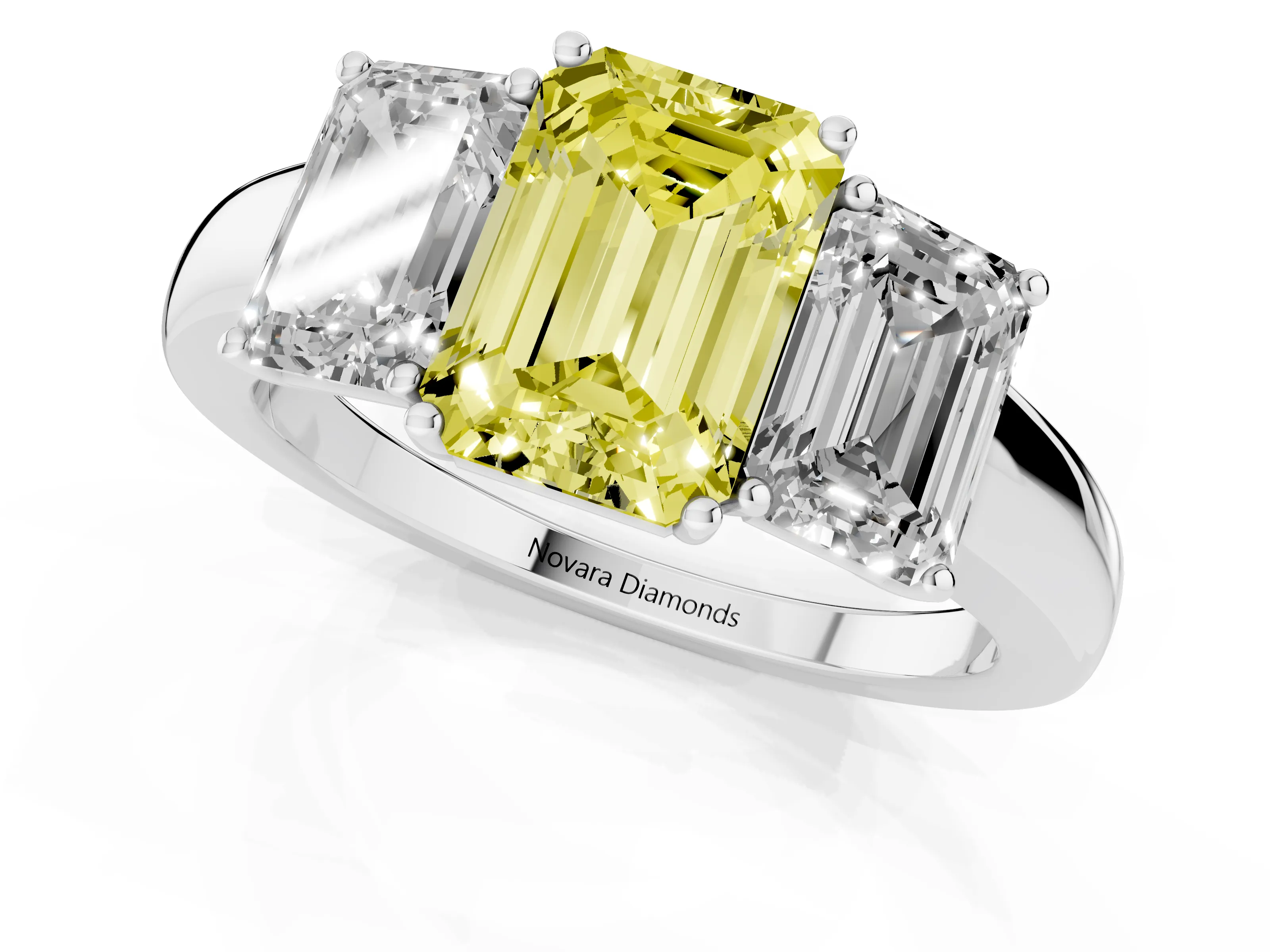Fancy Yellow Emerald Cut Diamond Three-Stone Ring Set in Silver with Bold Center and Classic Band