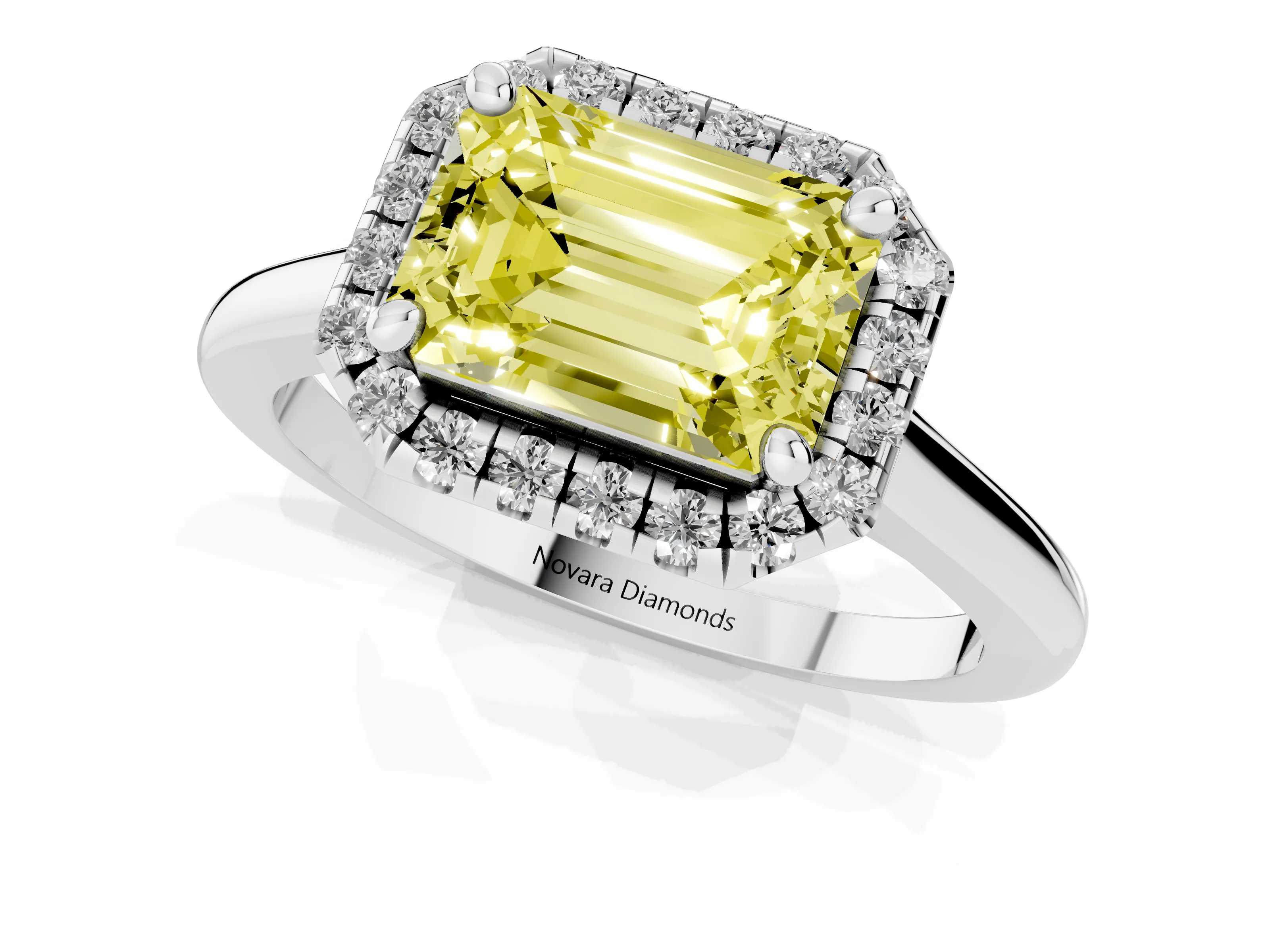 Fancy Yellow Emerald Cut Diamond Halo Engagement Ring Set in White gold with Pavé Band and Rising Shoulders