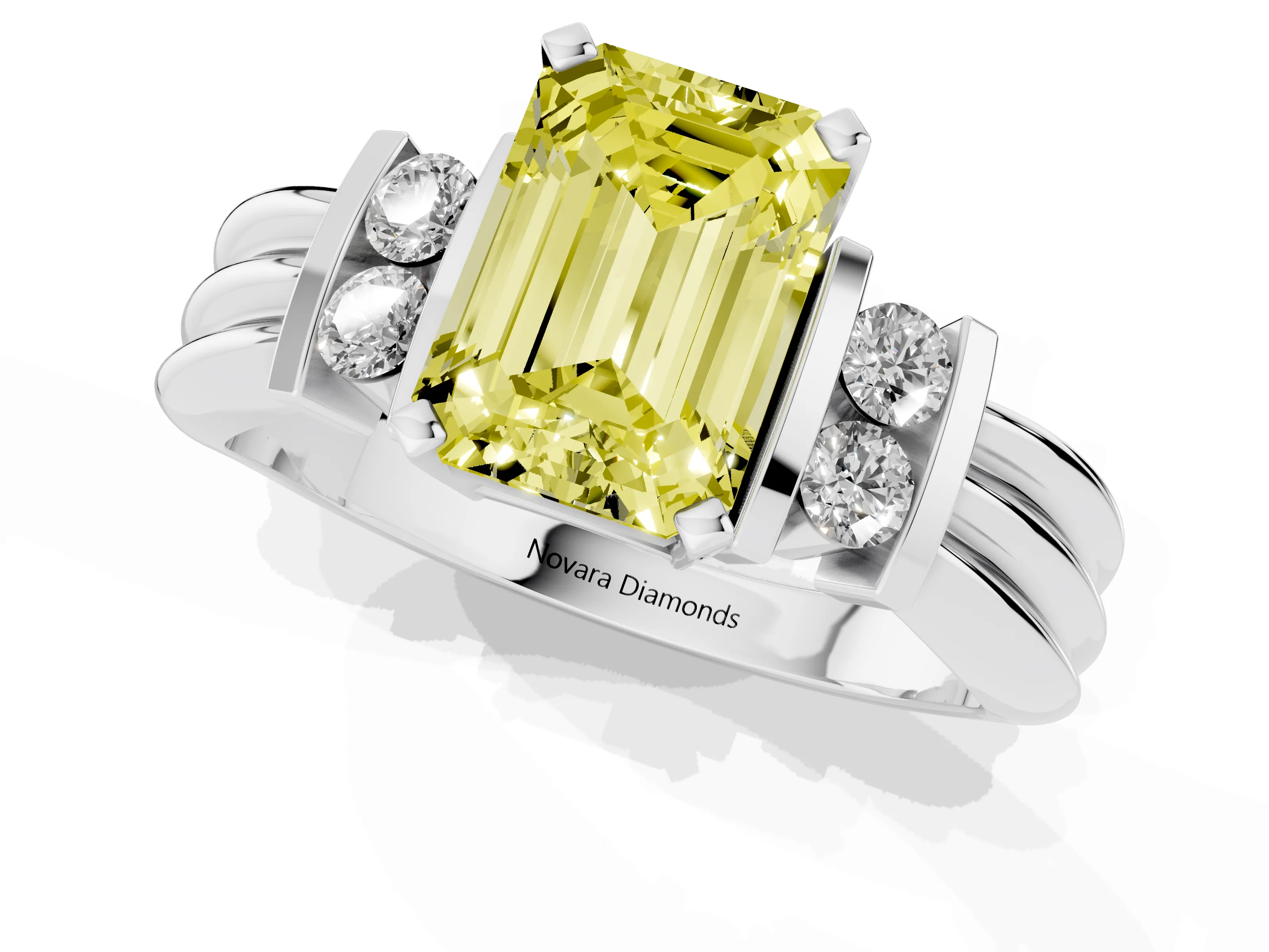 Fancy Yellow Three-Stone Emerald Cut Diamond Channel Set Ring Set in Silver with Bar Prongs