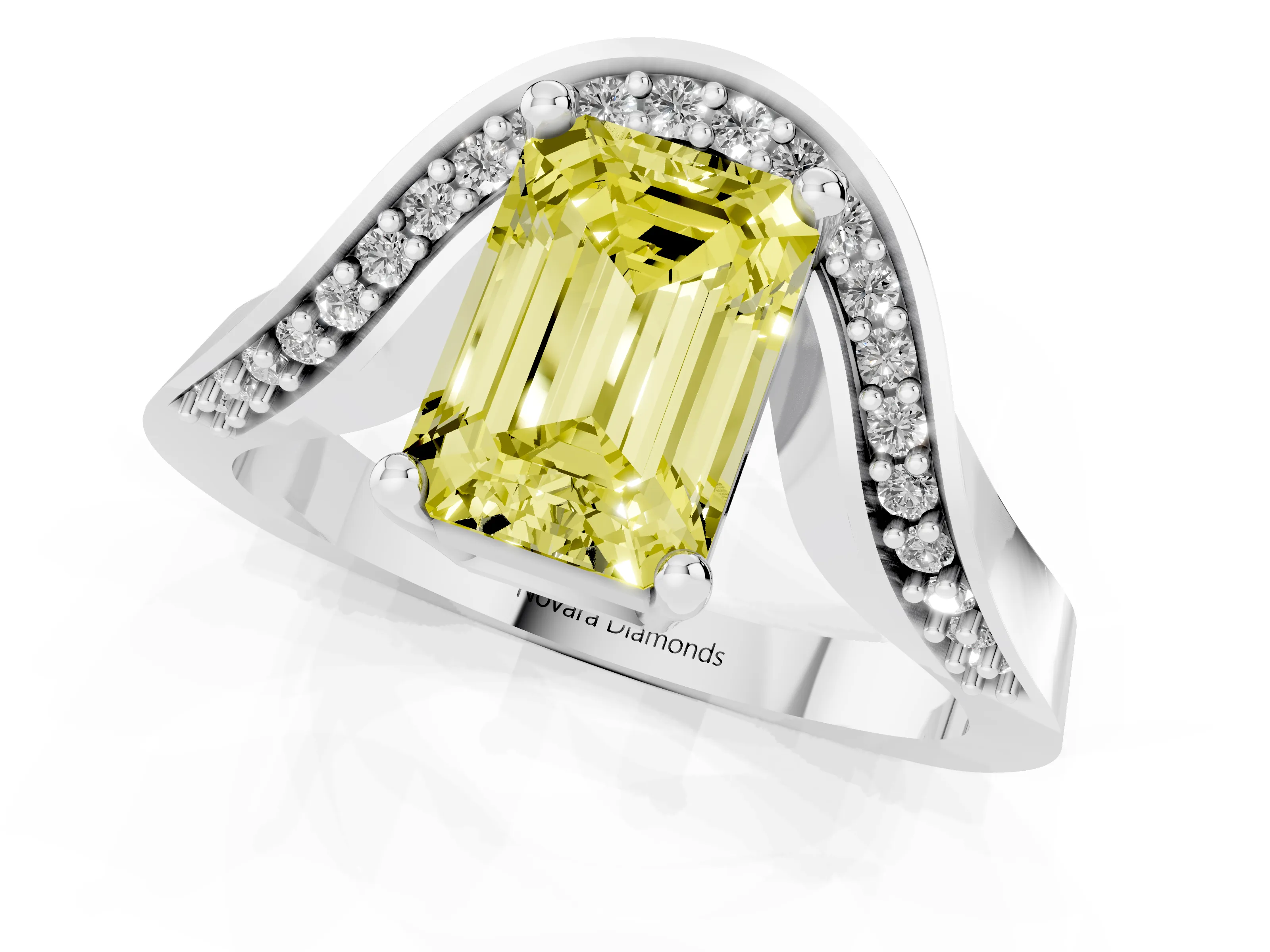 Fancy Yellow Emerald Cut Diamond Solitaire Engagement Ring Set in Silver with Pavé Shoulders