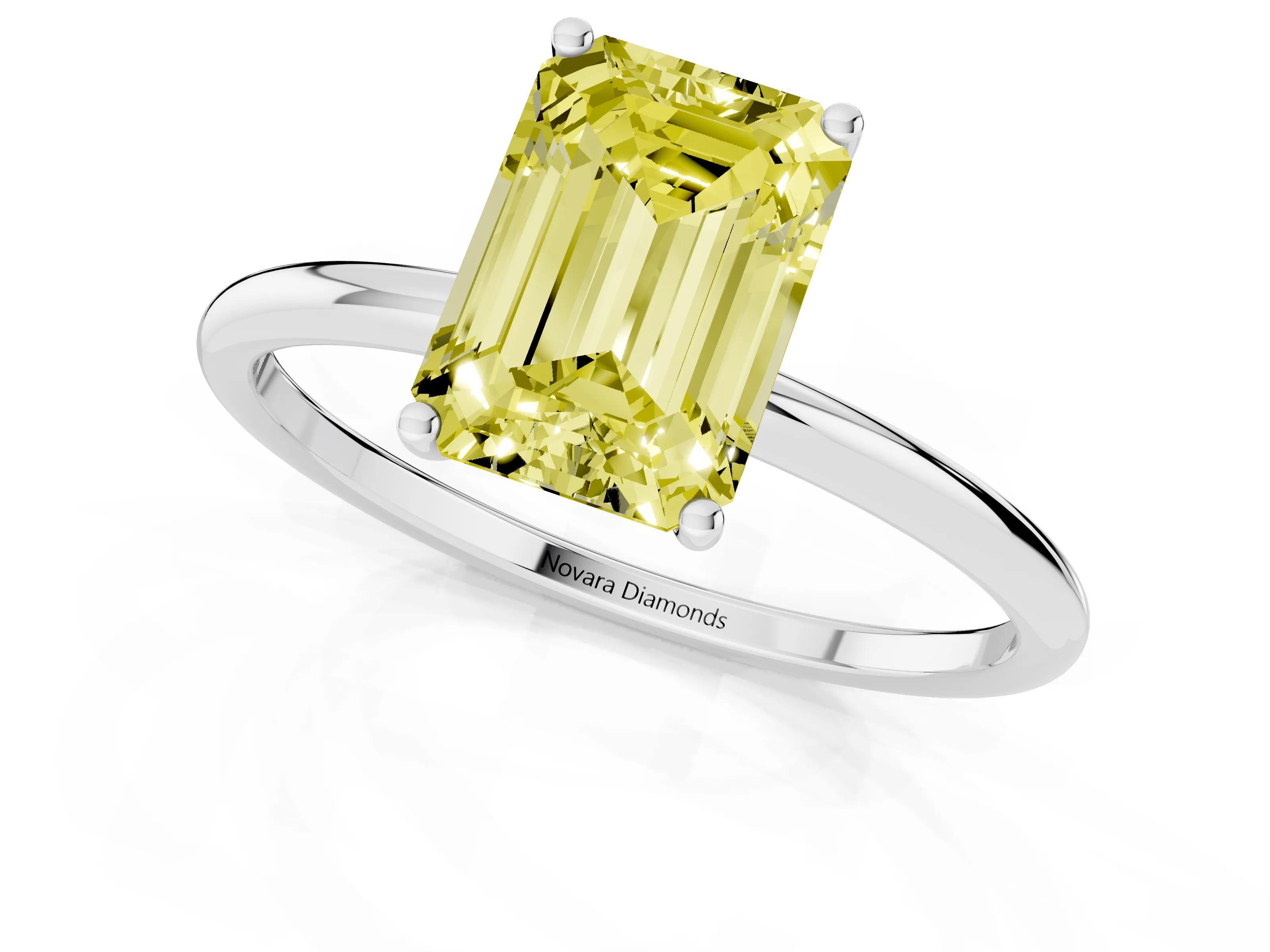 Fancy Yellow Emerald Cut Diamond Solitaire Engagement Ring Set in Platinum with Thin Band and Prong Setting