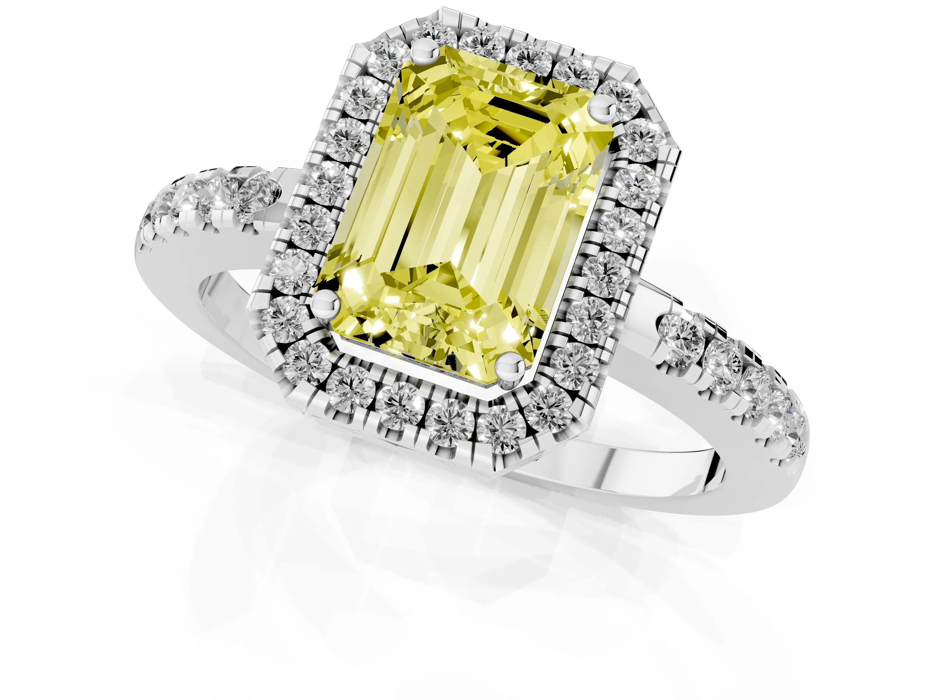 Fancy Yellow Emerald Cut Diamond Pavé Band Halo Engagement Ring Set in White gold with Prong Setting
