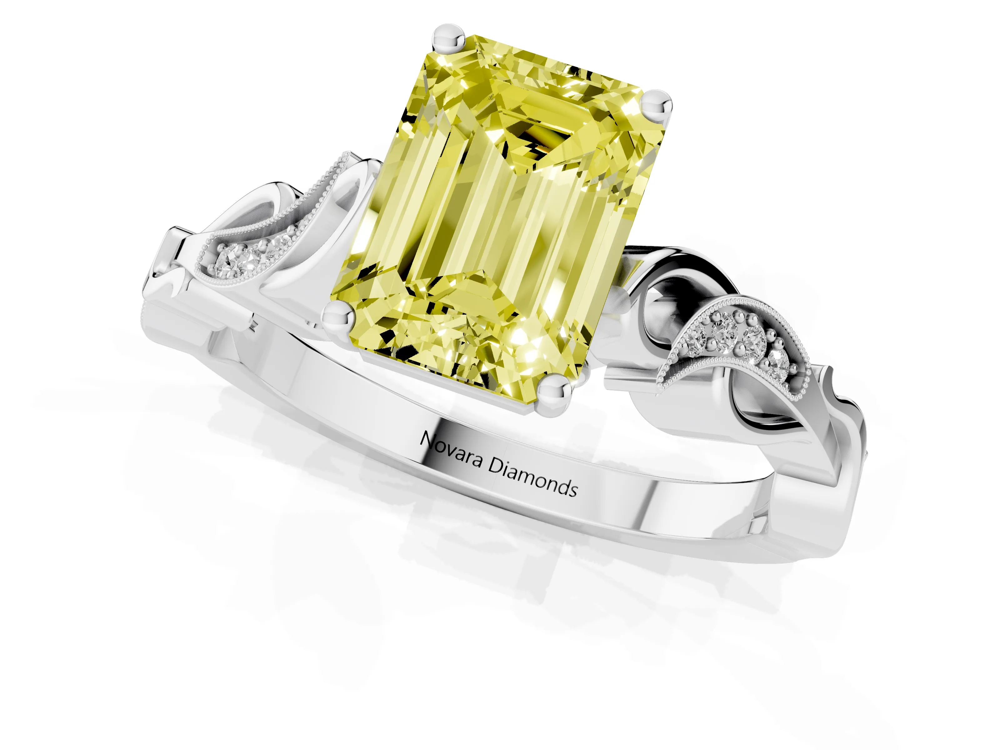Fancy Yellow Emerald Cut Diamond Vine Band Solitaire Ring Set in White gold with Milgrain Prong Setting