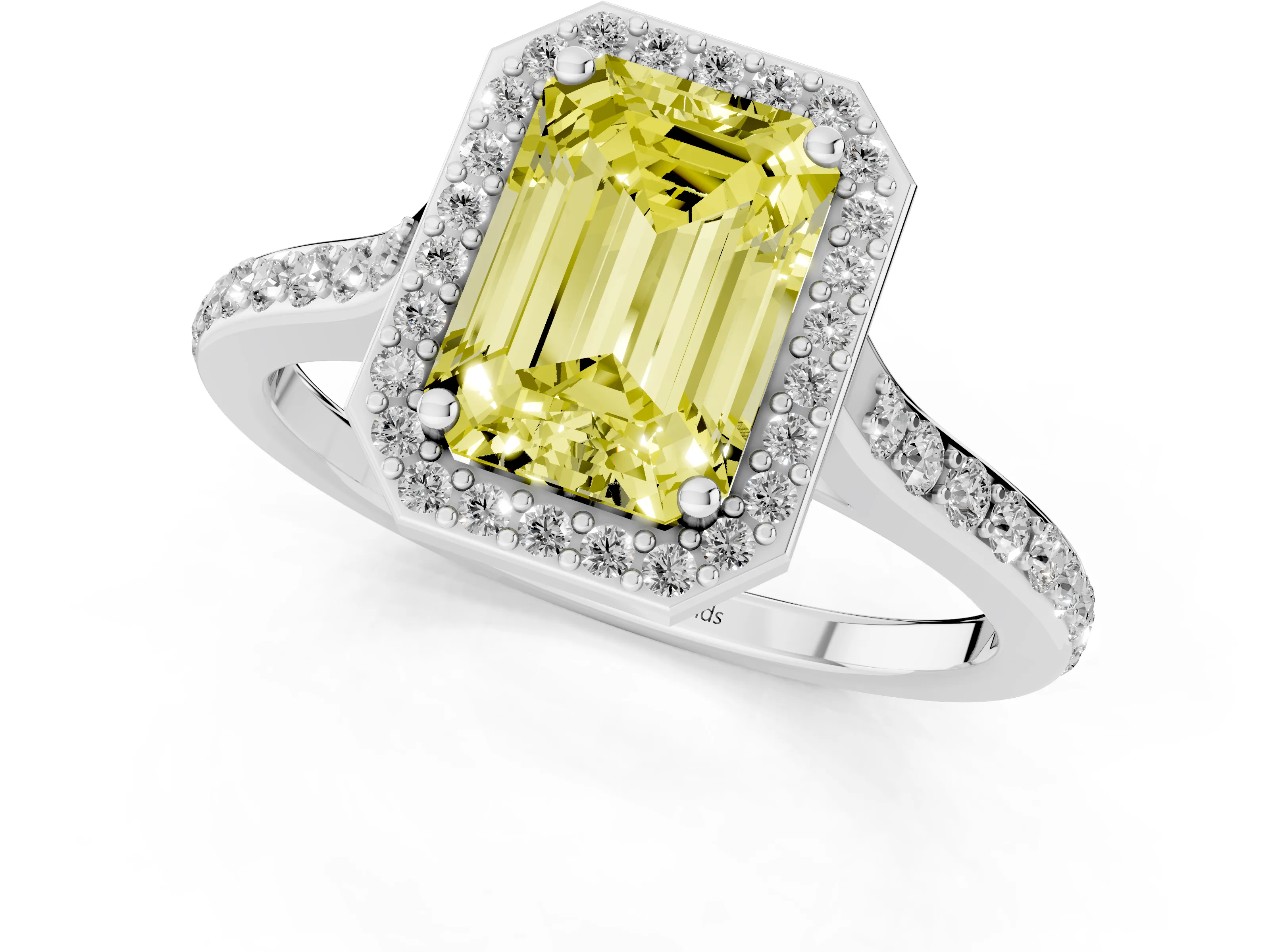 Fancy Yellow Emerald Cut Diamond Halo Engagement Ring Set in Platinum with Round Pavé Shoulders and Heart Gallery – second view