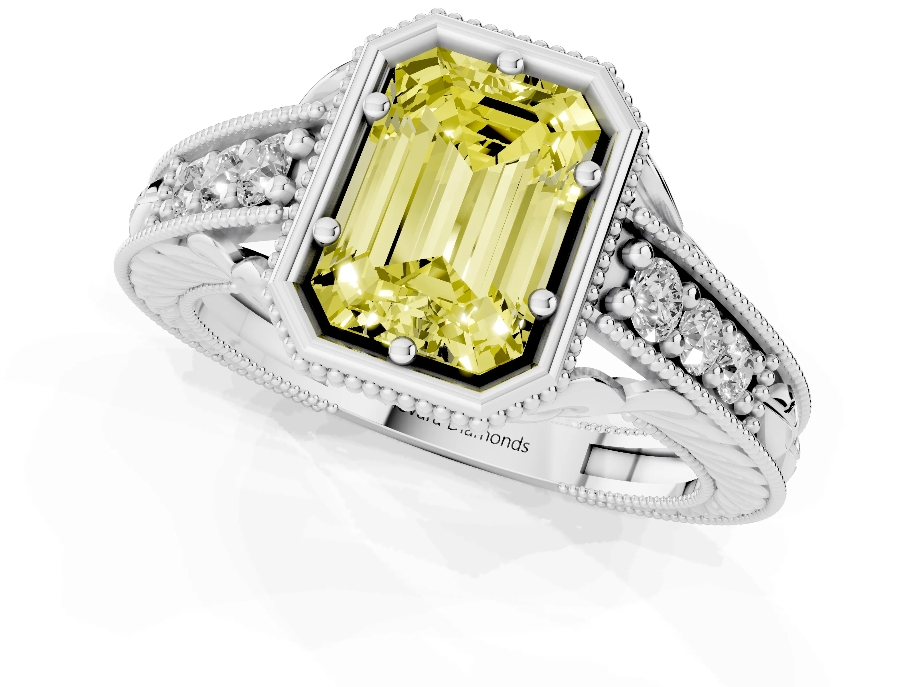 Fancy Yellow Bezel Set Emerald Cut Diamond Milgrain Pavé Engagement Ring Set in Silver