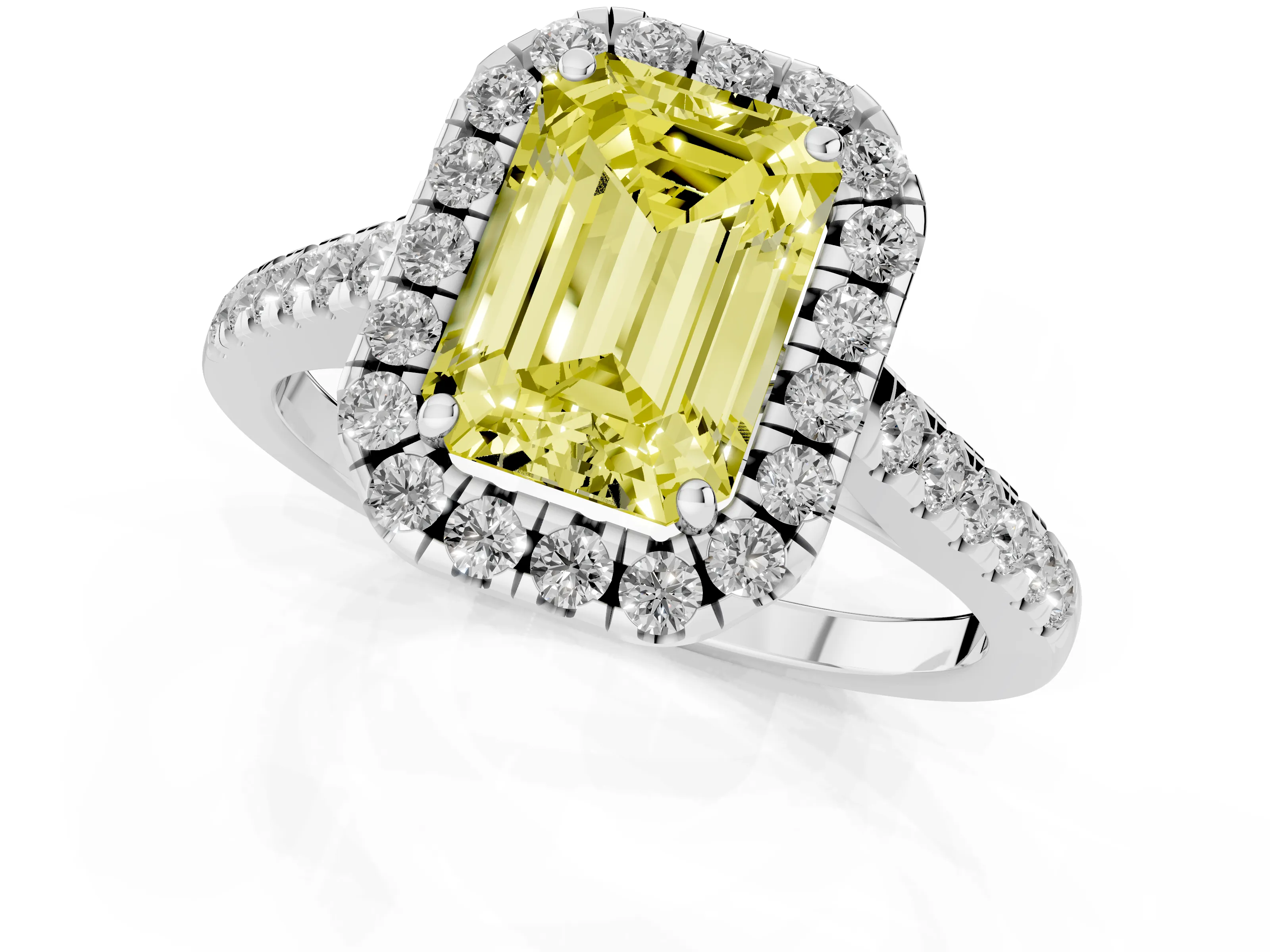 Fancy Yellow Emerald Cut Diamond Halo Pavé Engagement Ring Set in Platinum with Prong Setting
