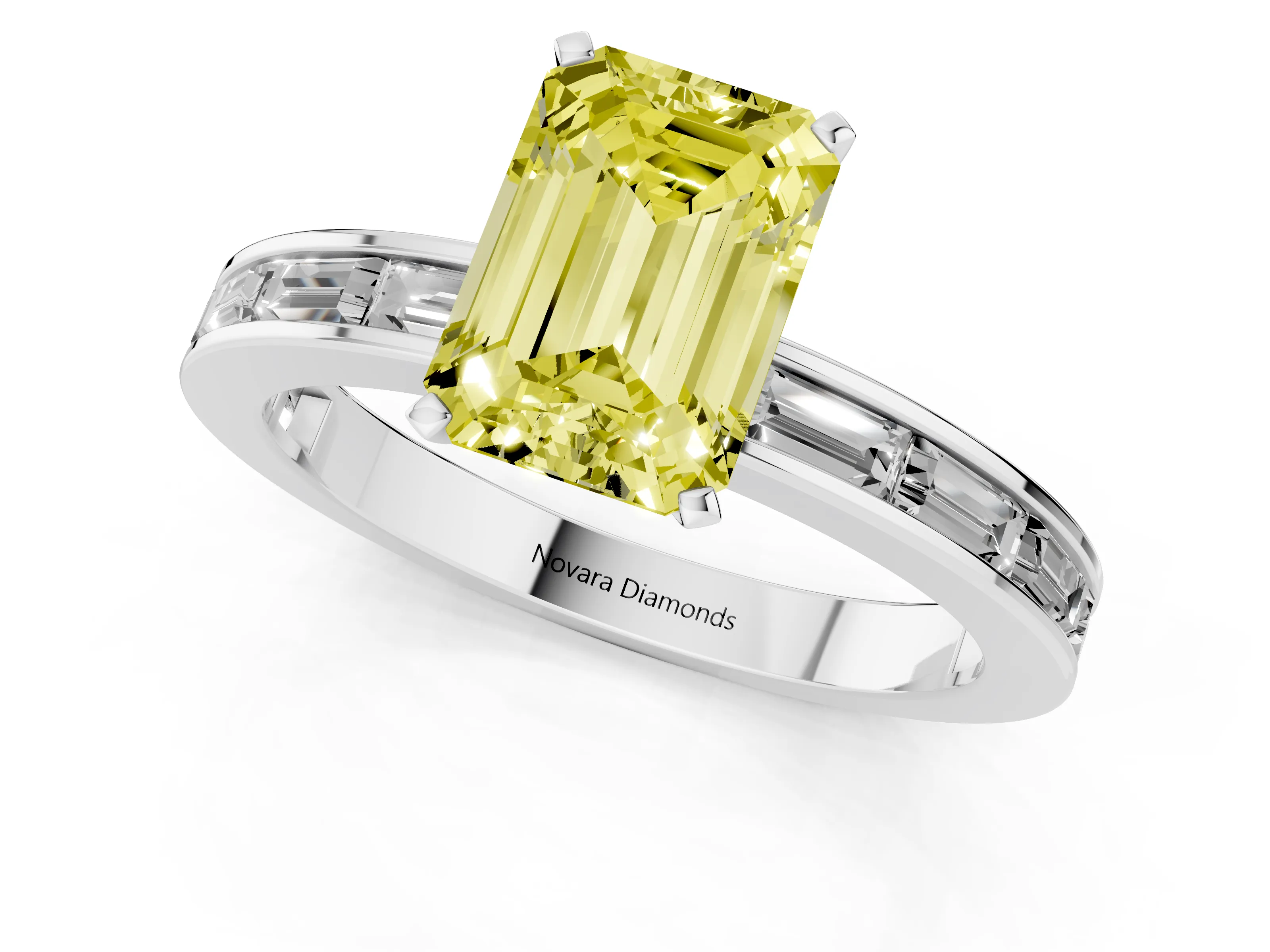 Fancy Yellow Emerald Cut Diamond Solitaire Ring Set in White gold with Channel-Set Baguette Band and Prong Setting