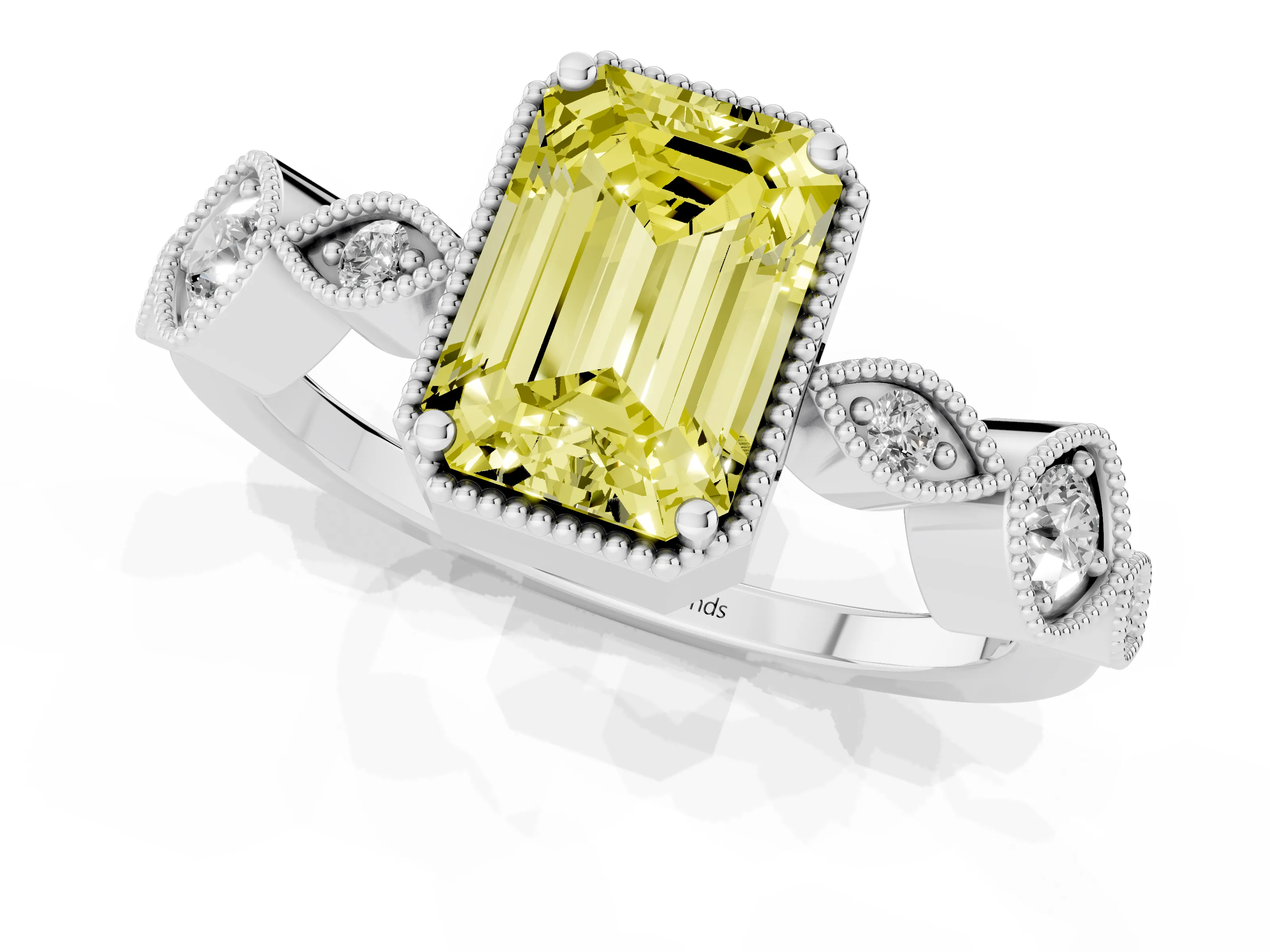 Fancy Yellow Emerald Cut Diamond Vintage-Inspired Milgrain Ring Set in Platinum with Marquise Stations of Round Accents