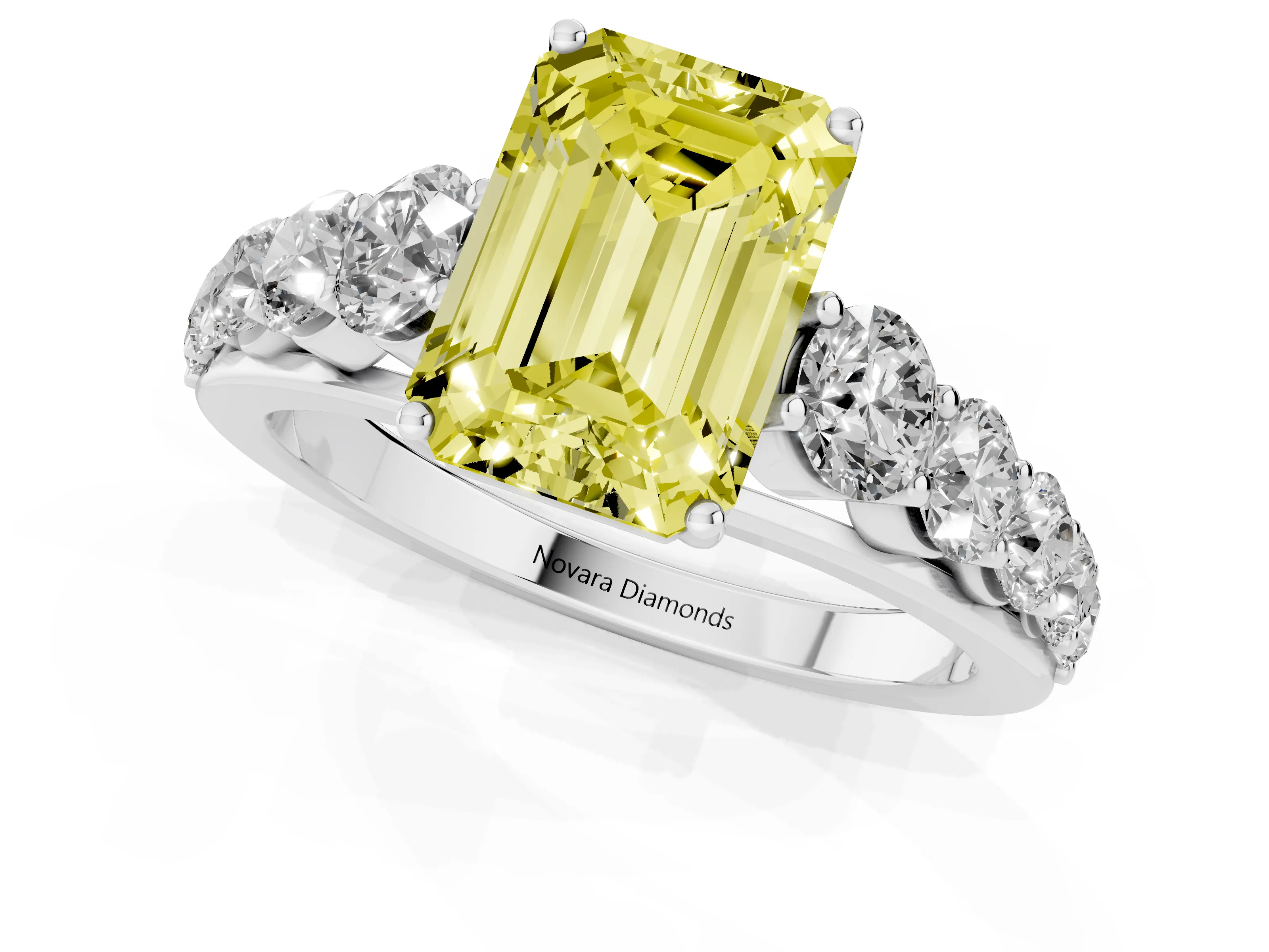 Fancy Yellow Emerald Cut Diamond Solitaire Ring Set in Platinum with Pavé-Set Band and Prong Setting
