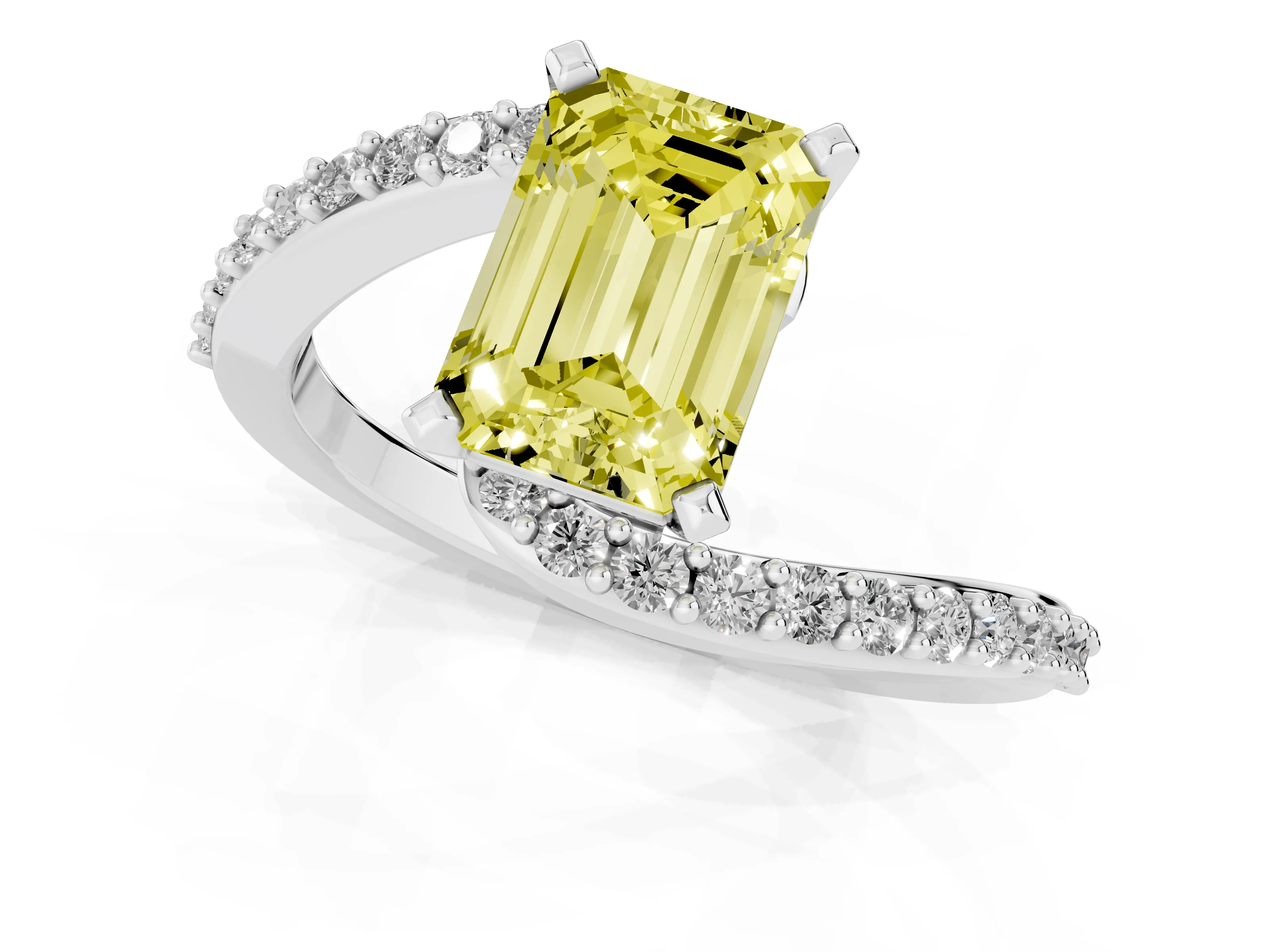 Fancy Yellow Emerald Cut Diamond Solitaire Ring Set in Platinum with Pavé Twist Band and Prong Setting
