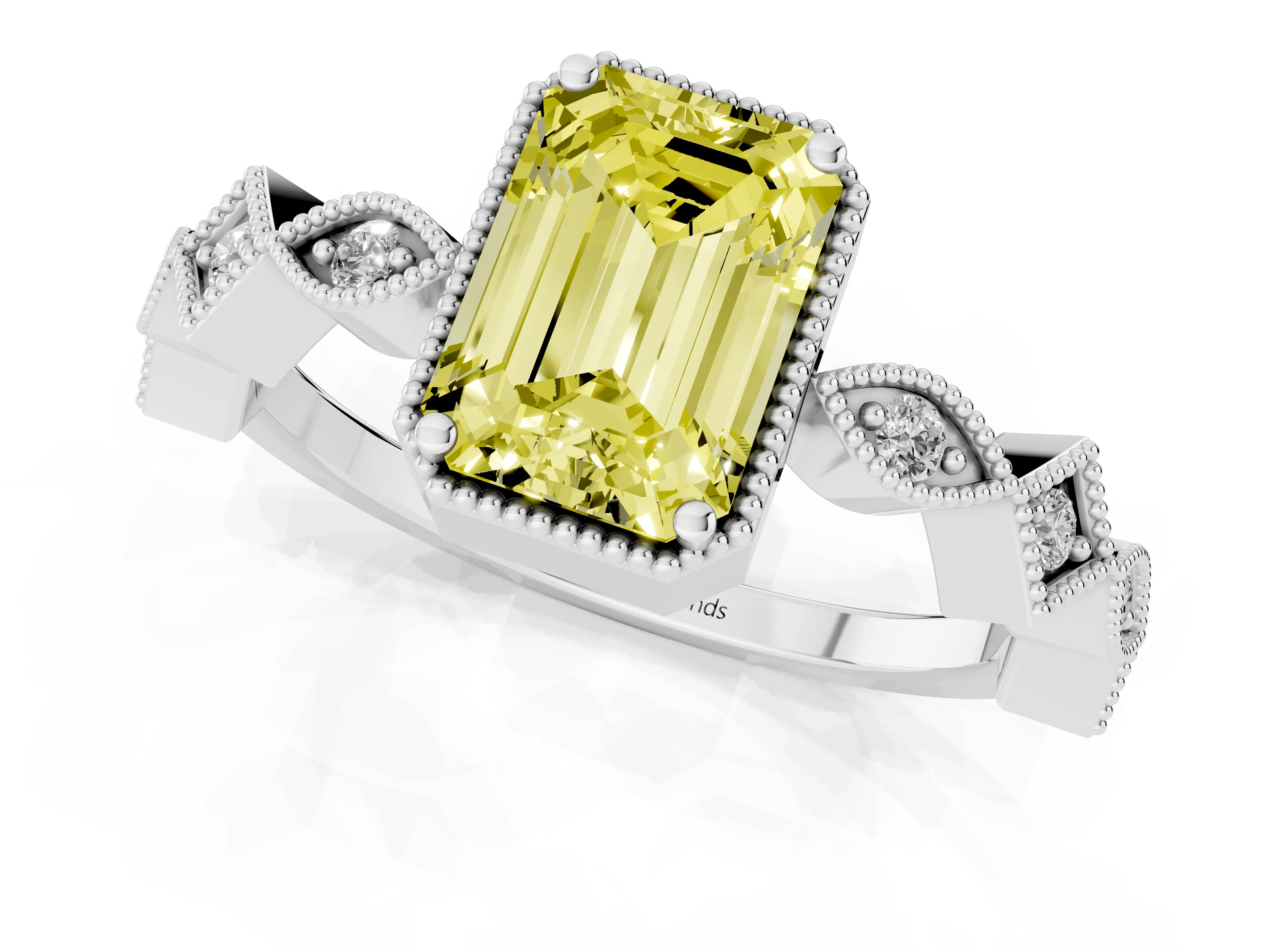 Fancy Yellow Emerald Cut Diamond Milgrain Marquise Twist Band Ring Set in Silver with Prong Setting