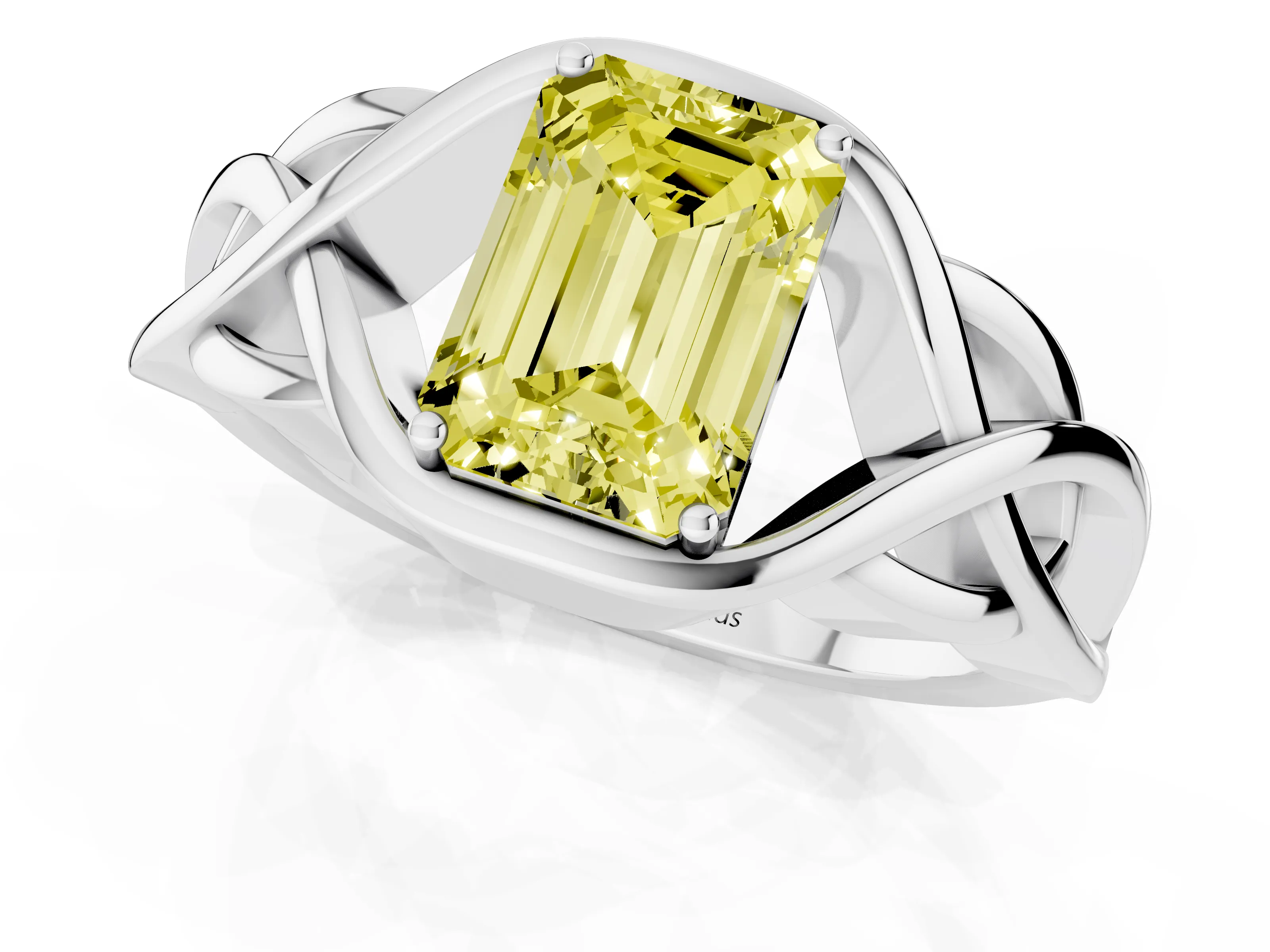 Fancy Yellow Emerald Cut Diamond Solitaire Ring Set in Platinum with Intertwined Band