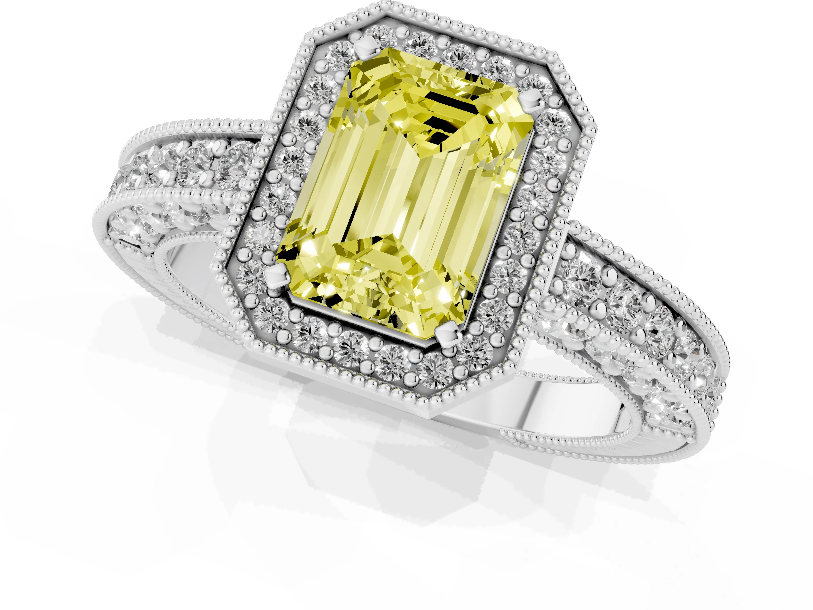 Fancy Yellow Emerald Cut Diamond Halo Pavé Band Ring Set in Platinum with Prong-Set Center