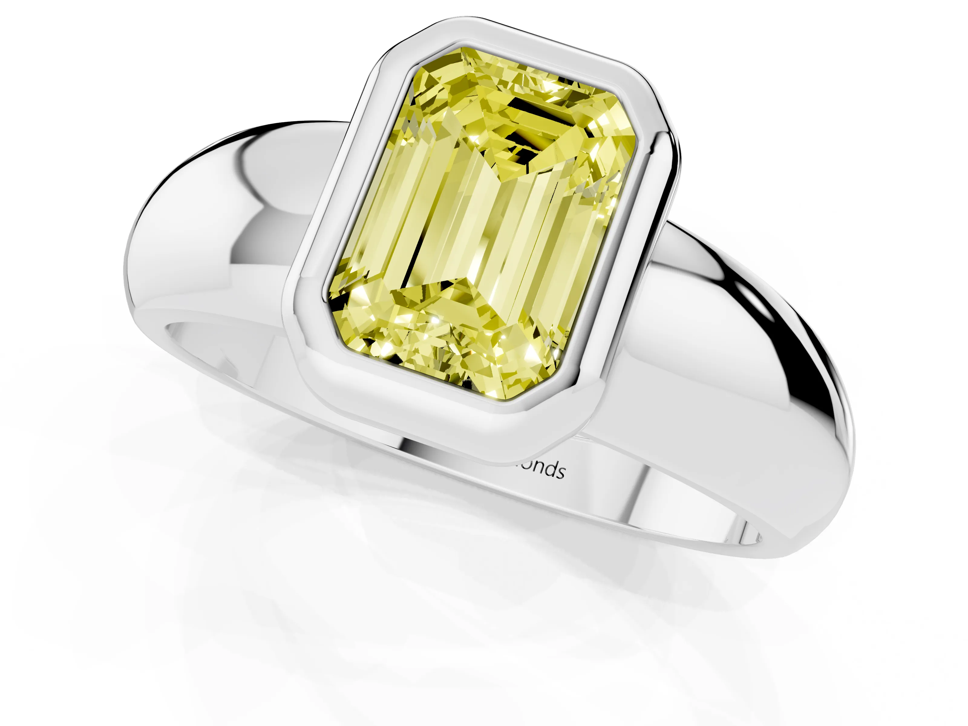 Fancy Yellow Bezel Set Emerald Cut Diamond Solitaire Ring Set in Silver with Wide Band