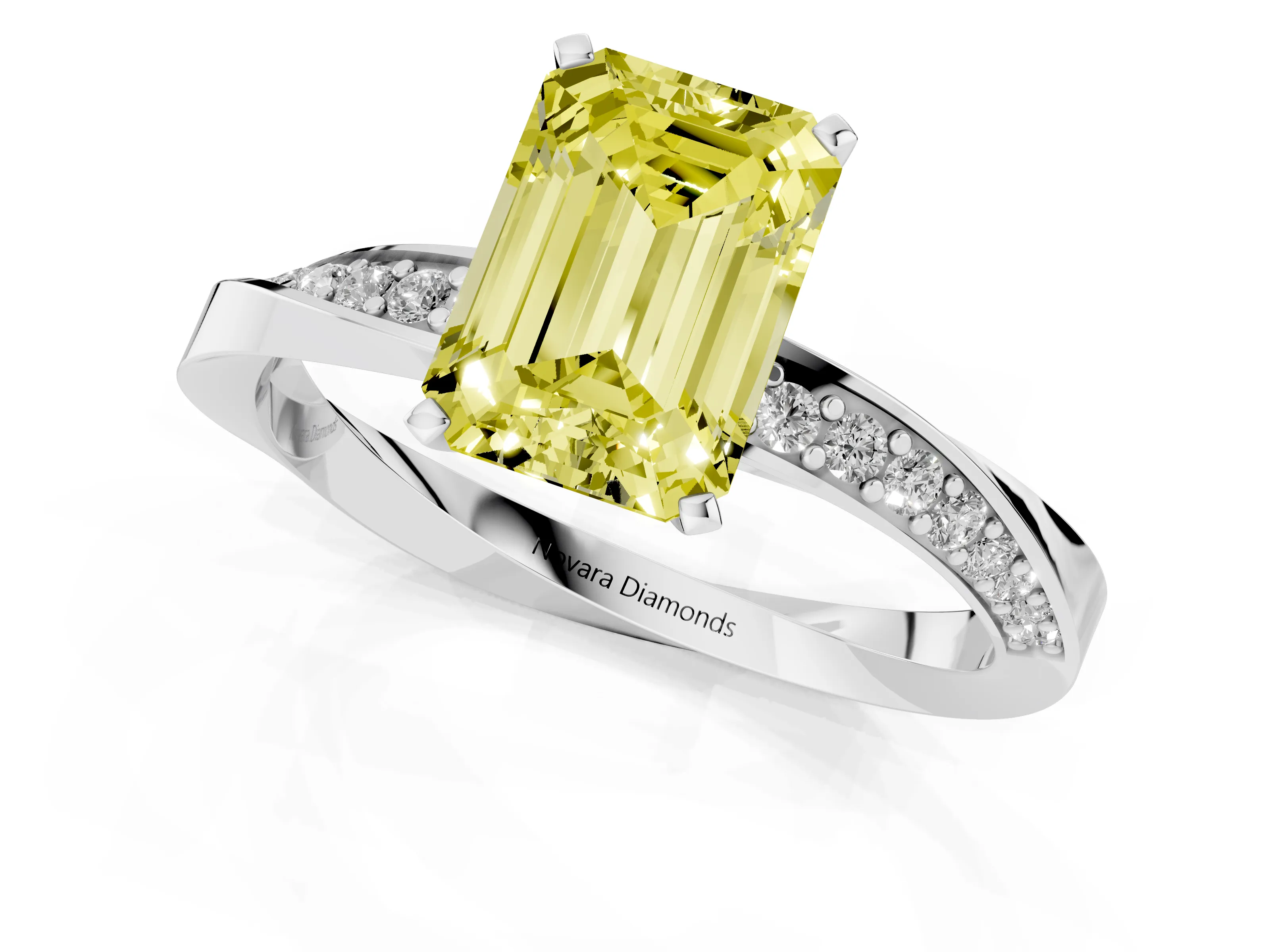 Fancy Yellow Emerald Cut Diamond Engagement Ring Set in Platinum with Side Stone Accents and Prong Setting