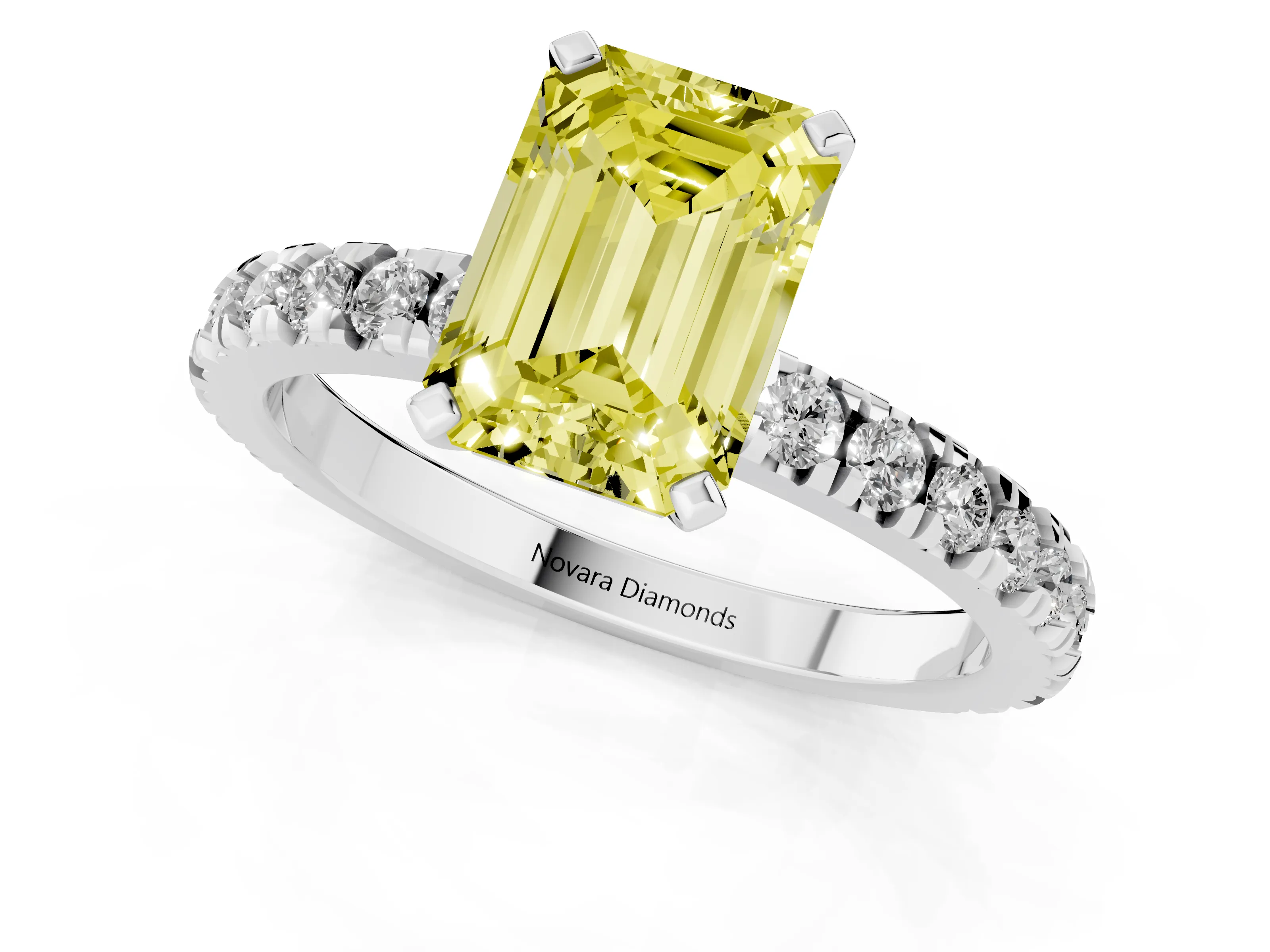 Fancy Yellow Emerald Cut Diamond Pavé Band Solitaire Set in Platinum with Prong Setting