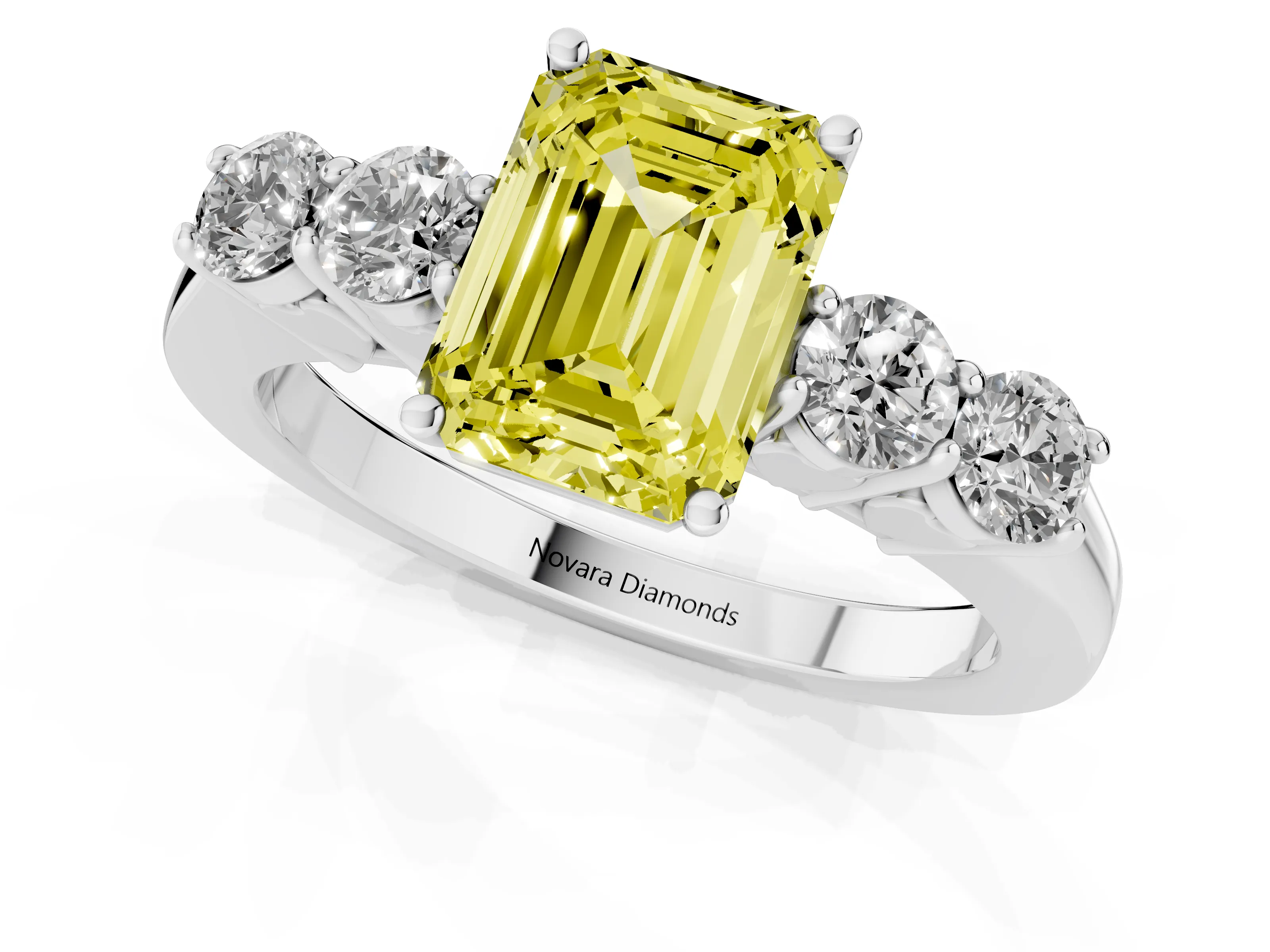 Fancy Yellow Emerald Cut Diamond Five-Stone Prong Set Band Ring Set in White gold with Polished Band