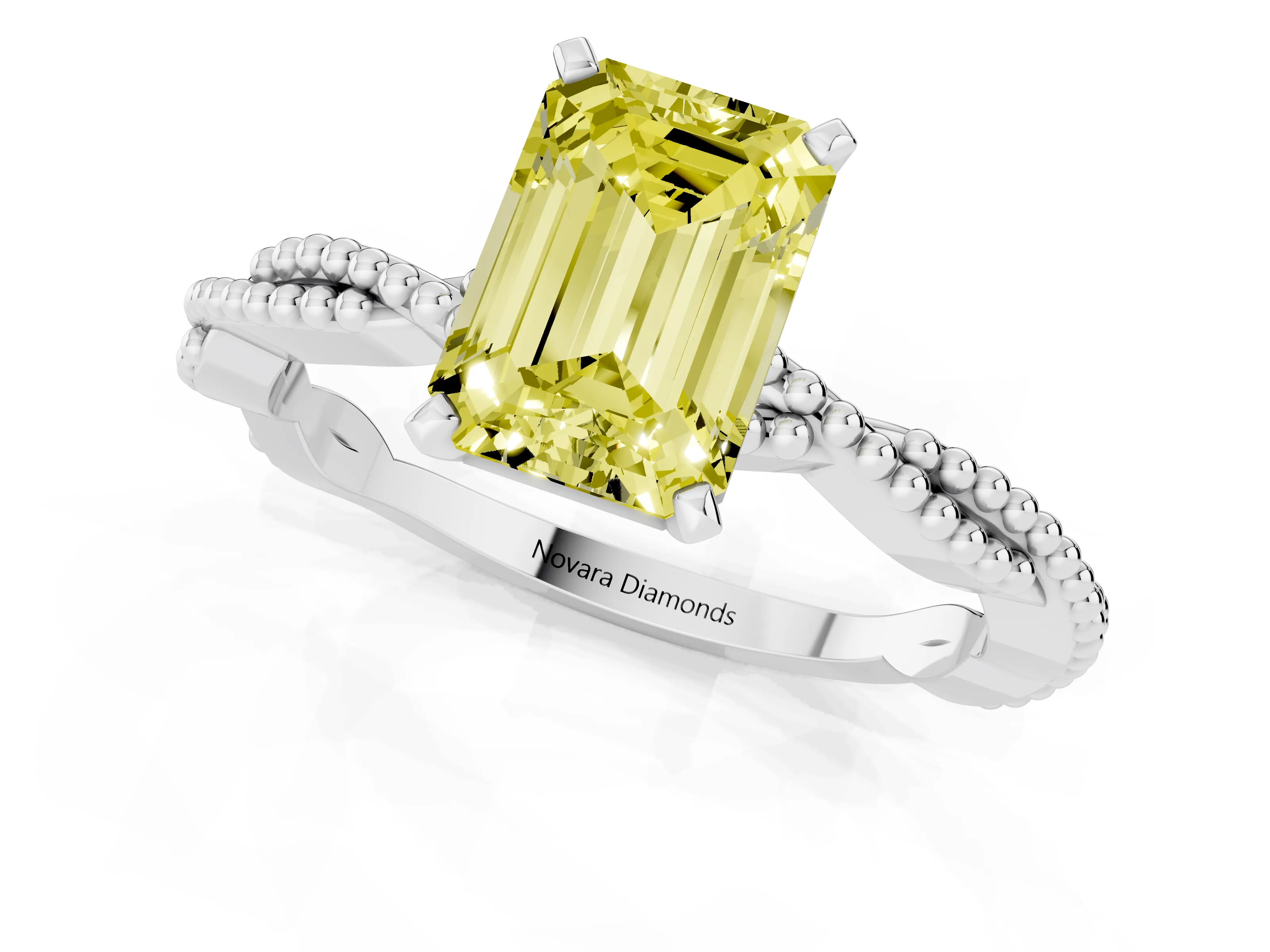 Fancy Yellow Emerald Cut Diamond Solitaire Ring Set in White gold with Twisted Band and Bead Prong Setting