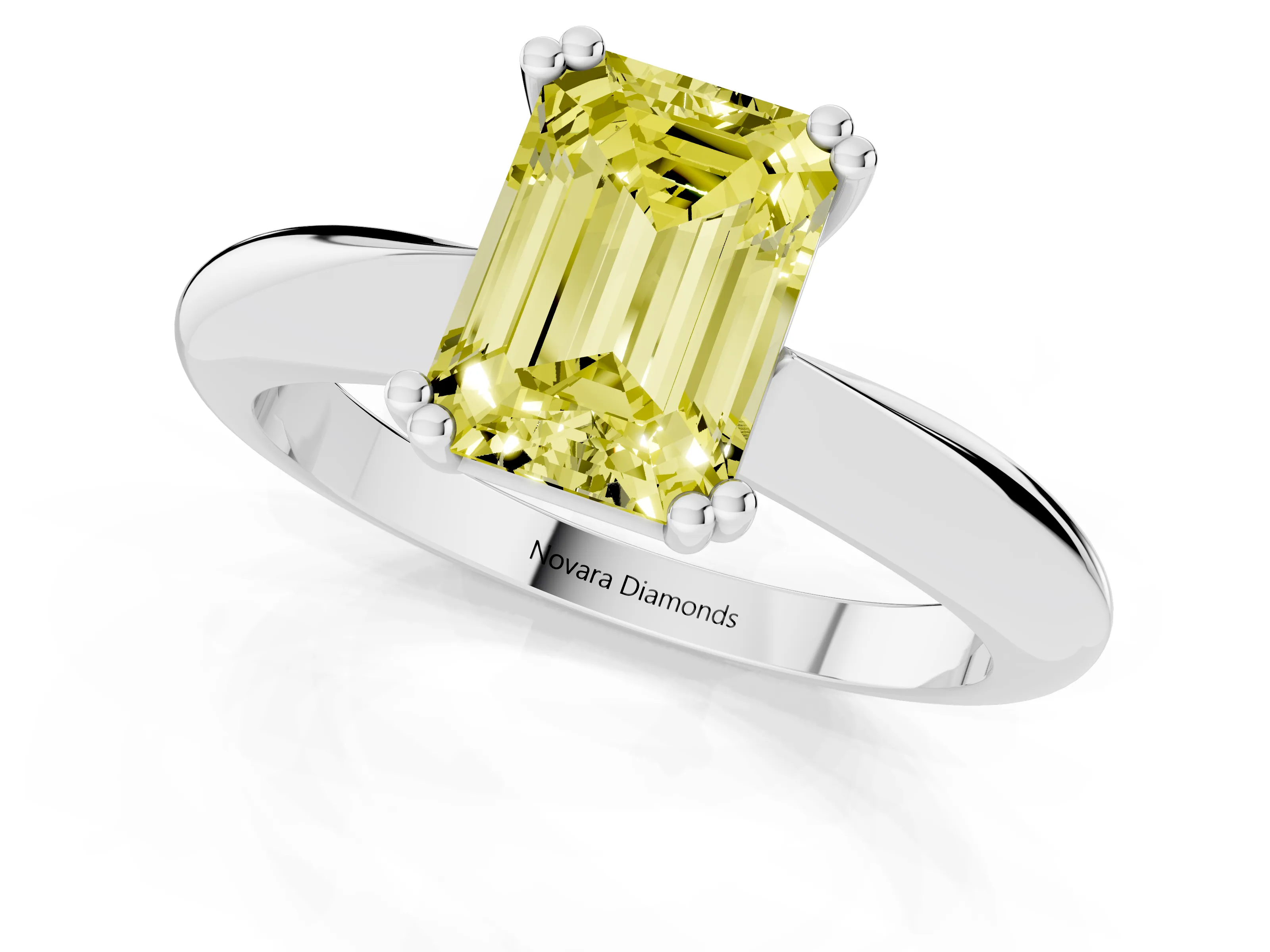 Fancy Yellow Emerald Cut Diamond Solitaire Engagement Ring Set in Platinum with Tapered Band and Prong Setting