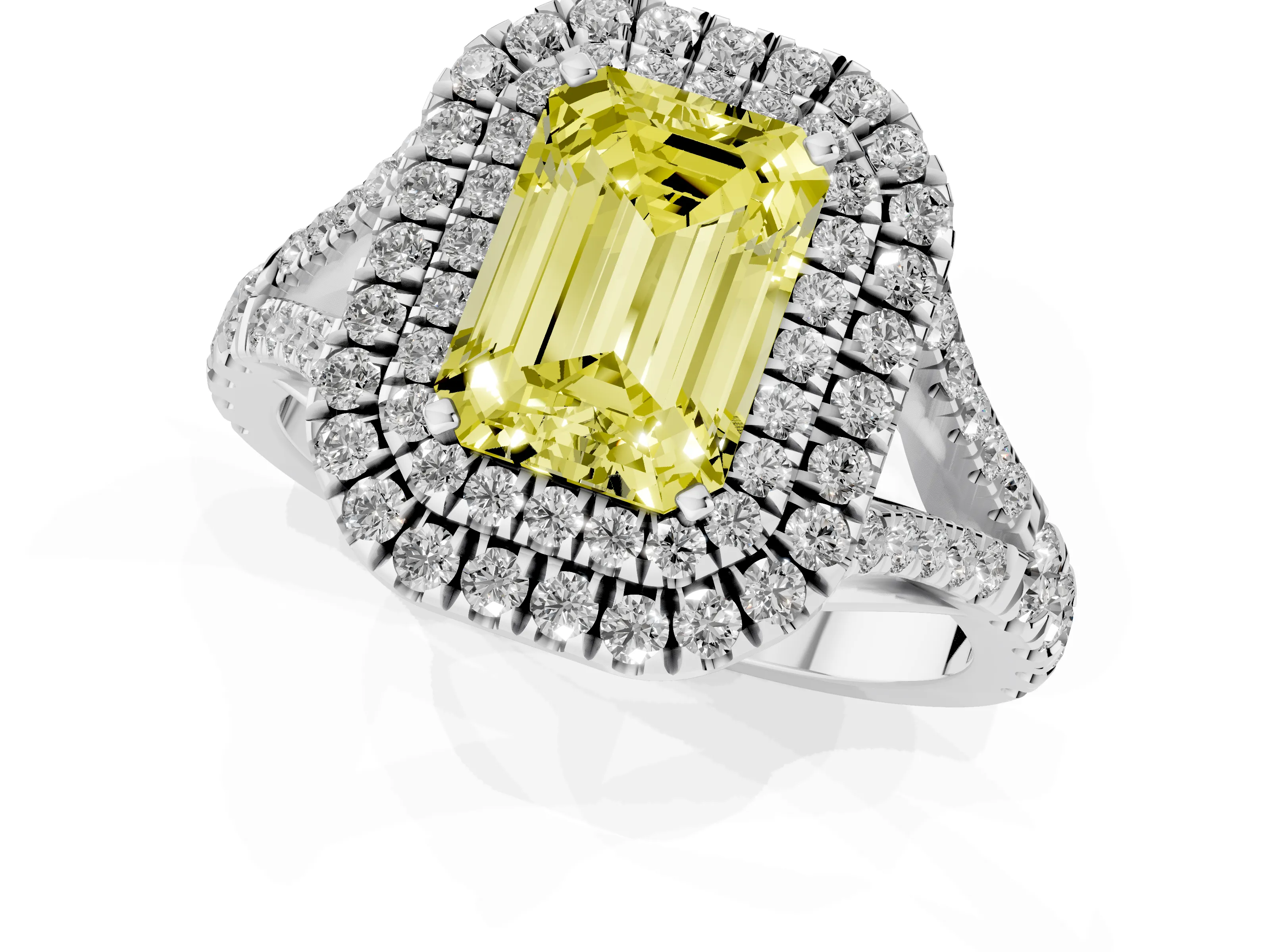 Fancy Yellow Emerald Cut Diamond Pavé Split Shank Double Halo Engagement Ring Set in Silver
