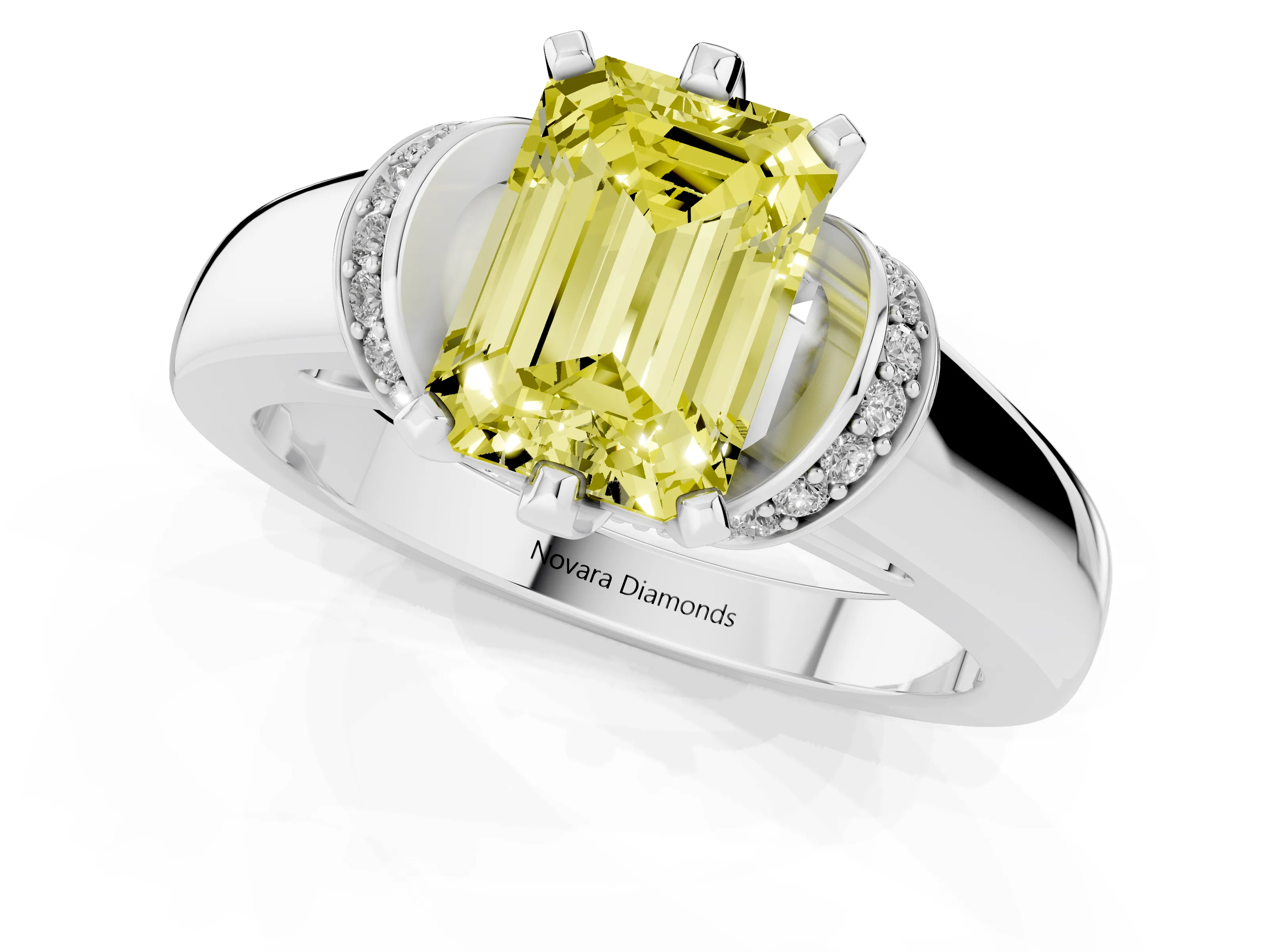 Fancy Yellow Emerald Cut Diamond Pavé Band Solitaire Ring Set in White gold with Prong Setting