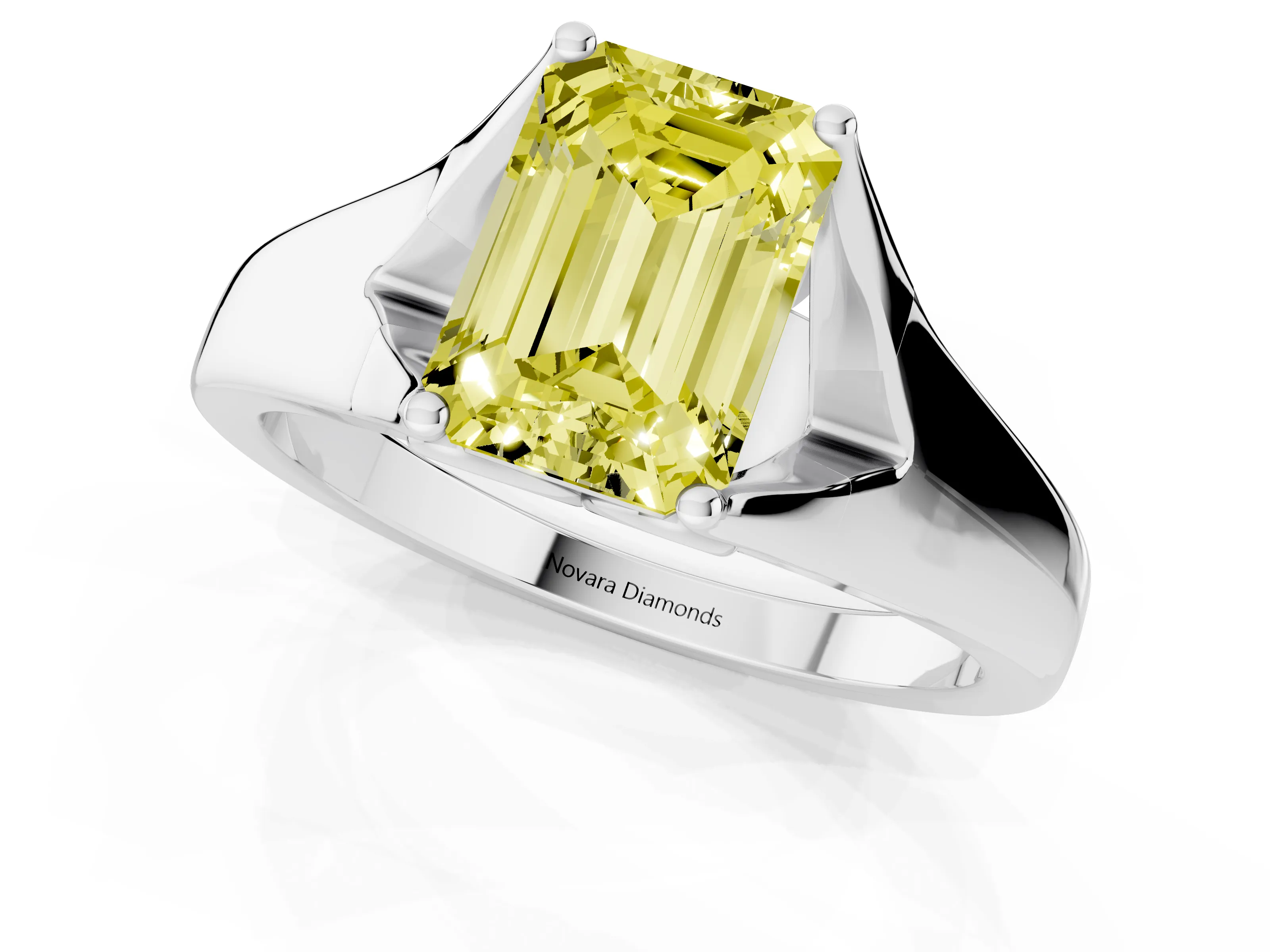 Fancy Yellow Emerald Cut Diamond Solitaire Ring Set in White gold with Arched Cathedral Band and Prong Setting