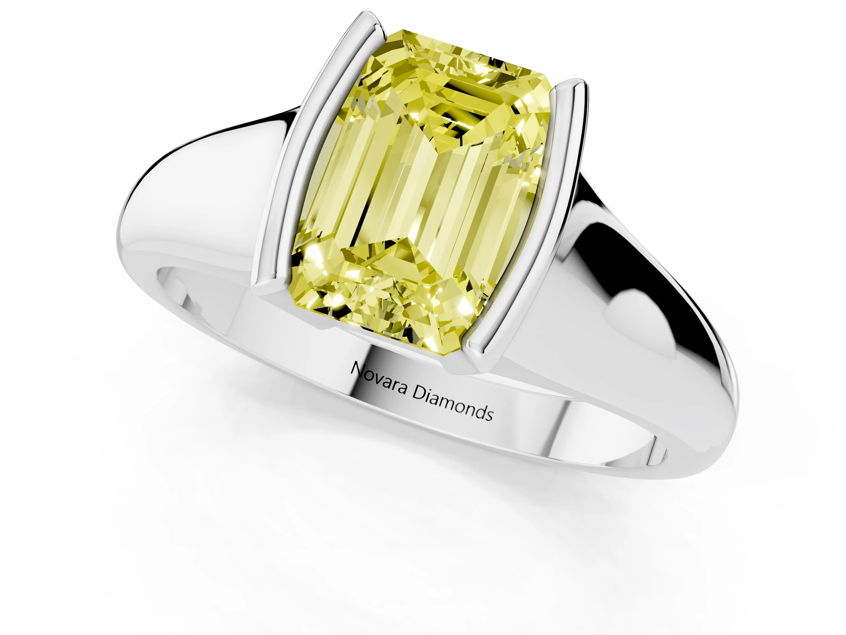 Fancy Yellow Emerald Cut Diamond Solitaire Tension Set Ring Set in White gold with Split Shank Band