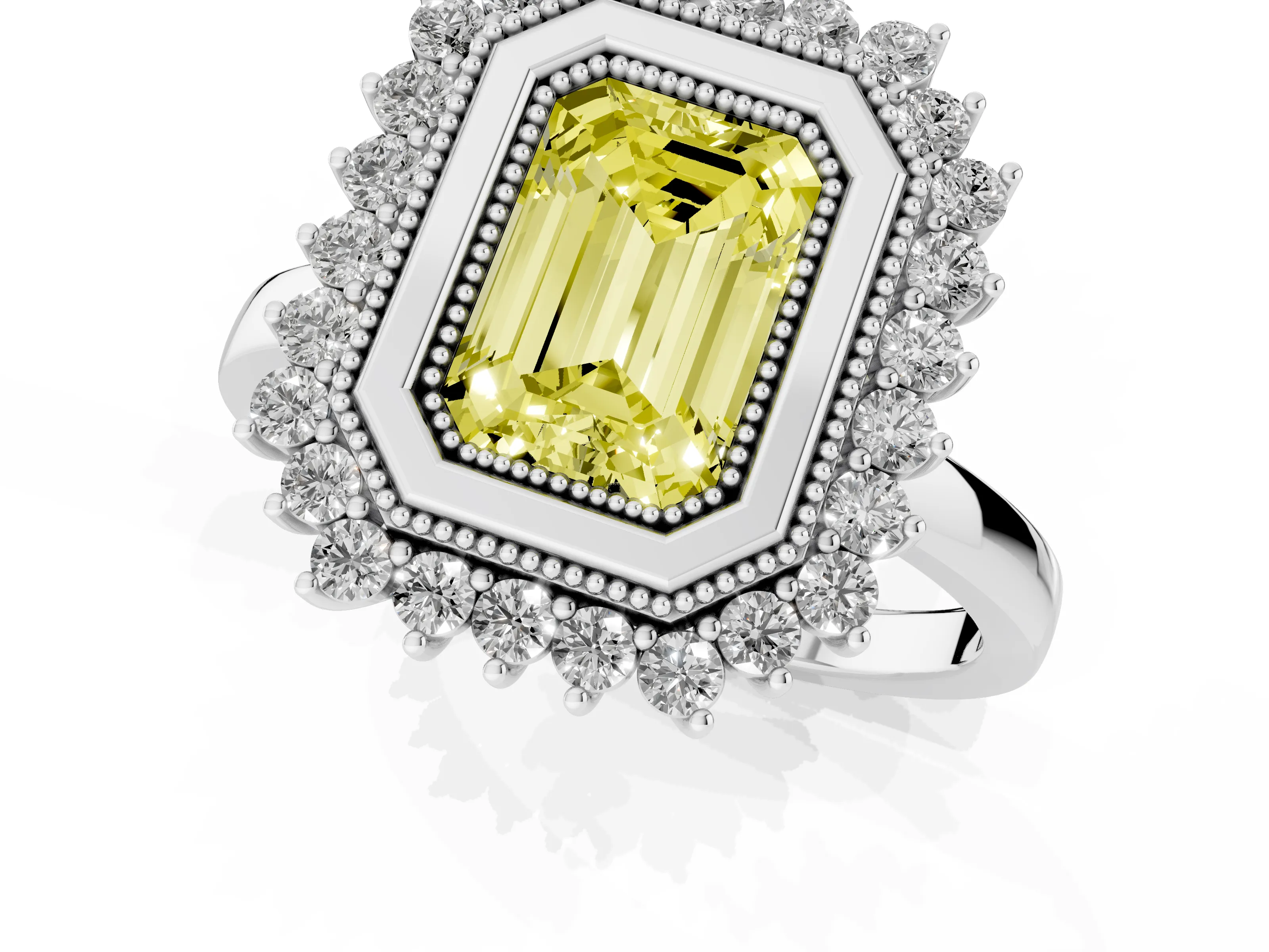Fancy Yellow Emerald Cut Diamond Halo Ring Set in Platinum with Milgrain Edge and Round Prong Setting