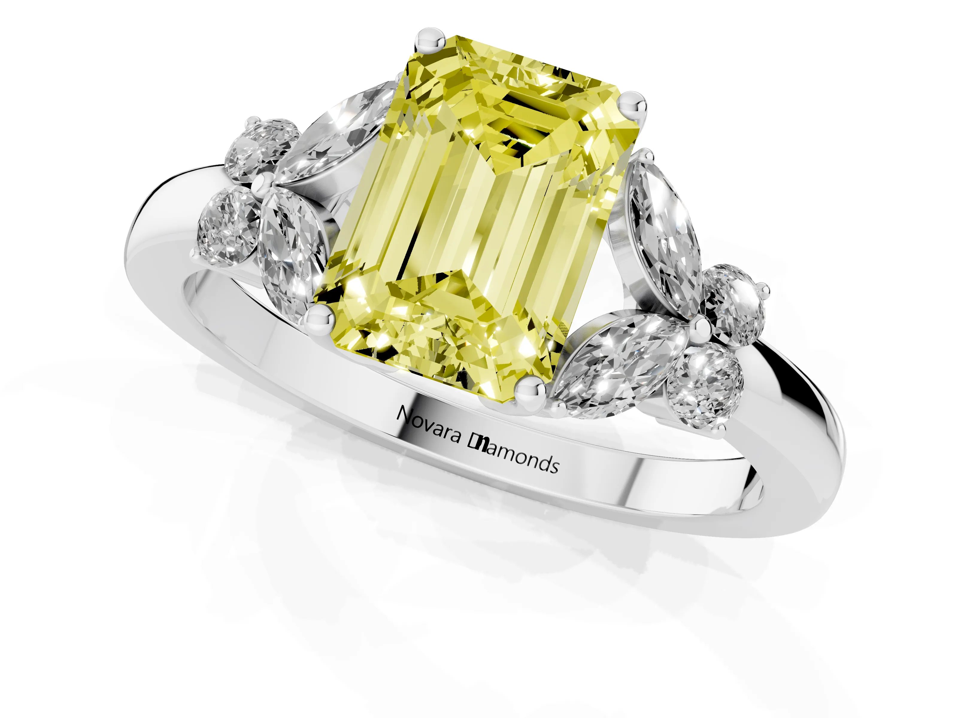 Fancy Yellow Emerald Cut Diamond Solitaire Floral Ring Set in Silver with Marquise Petals and Prong Setting